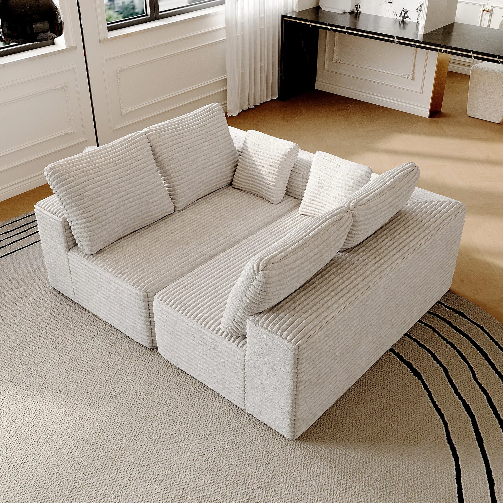 Sofás modulares Matrix de 4 plazas en color beige | 2 piezas, tela de pana, diseño compacto