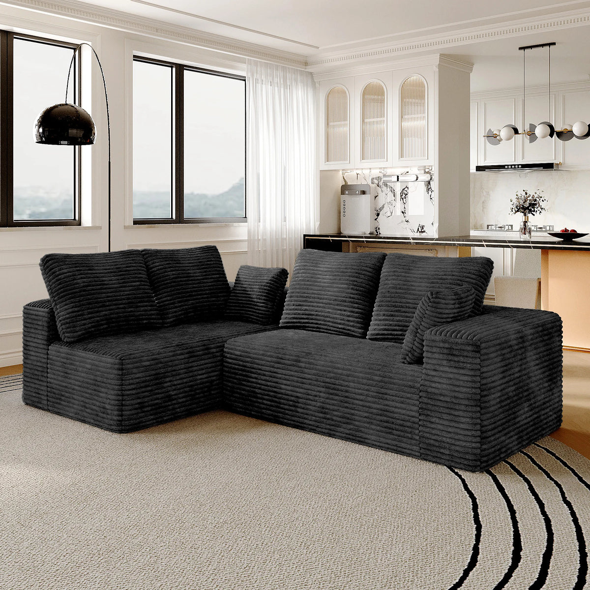 Matrix 4-Seater black Modular L-Shaped Sectionals | 2-Piece, Corduroy Fabric, Compact Design
