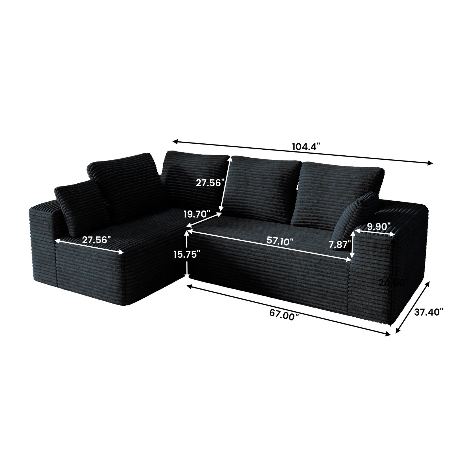 Seccionales modulares Matrix de 4 plazas en L de color negro | 2 piezas, tela de pana, diseño compacto