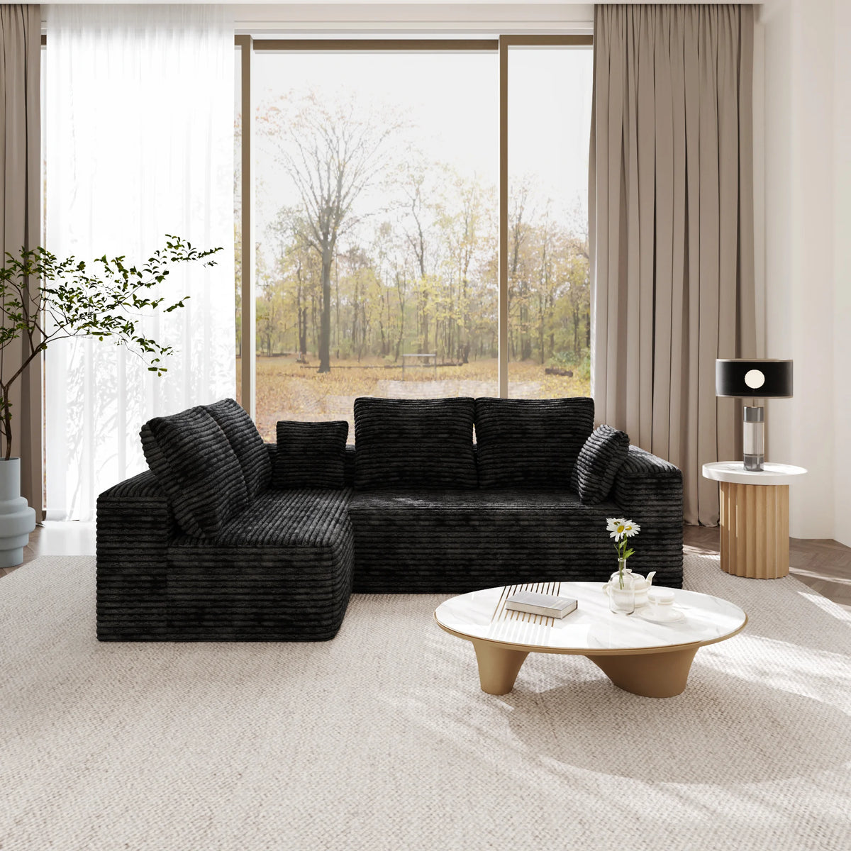 Matrix 4-Seater black Modular L-Shaped Sectionals | 2-Piece, Corduroy Fabric, Compact Design