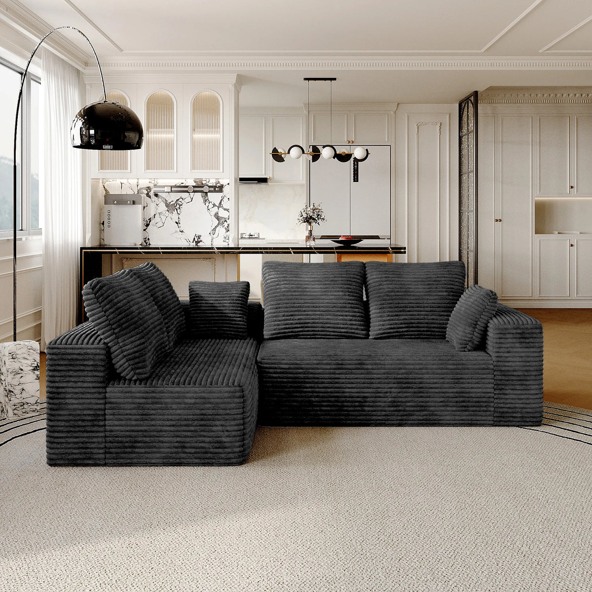 Matrix 4-Seater black Modular L-Shaped Sectionals | 2-Piece, Corduroy Fabric, Compact Design