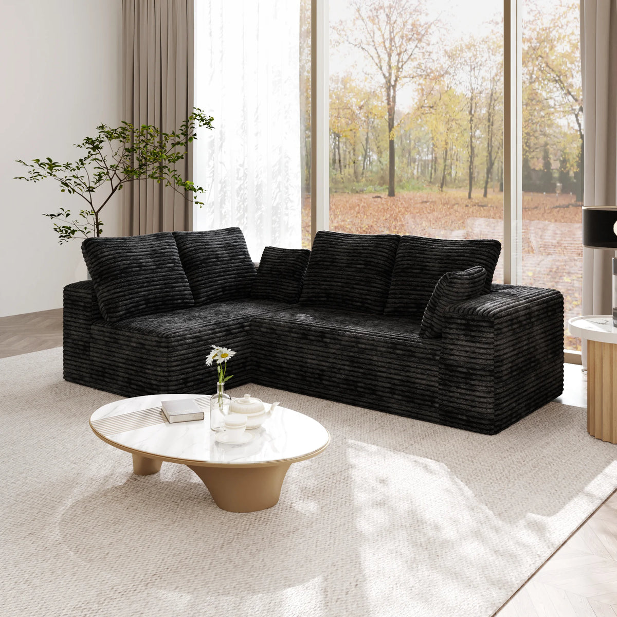 Matrix 4-Seater black Modular L-Shaped Sectionals | 2-Piece, Corduroy Fabric, Compact Design