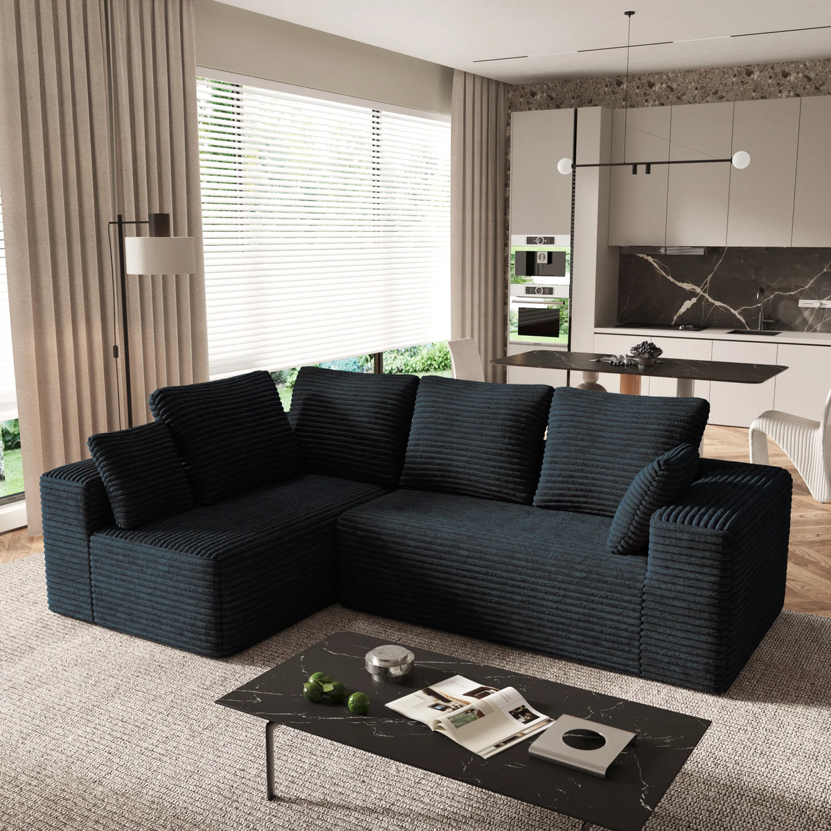 Matrix 4-Seater black Modular L-Shaped Sectionals | 2-Piece, Corduroy Fabric, Compact Design