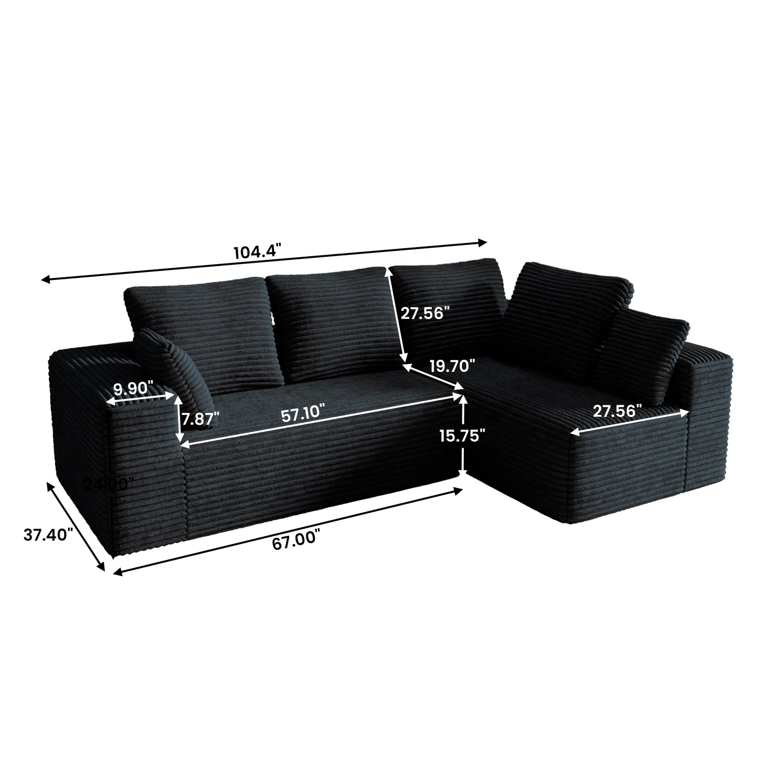 Seccionales modulares Matrix de 4 plazas en forma de L de color negro | 2 piezas, tela de pana, espacios pequeños