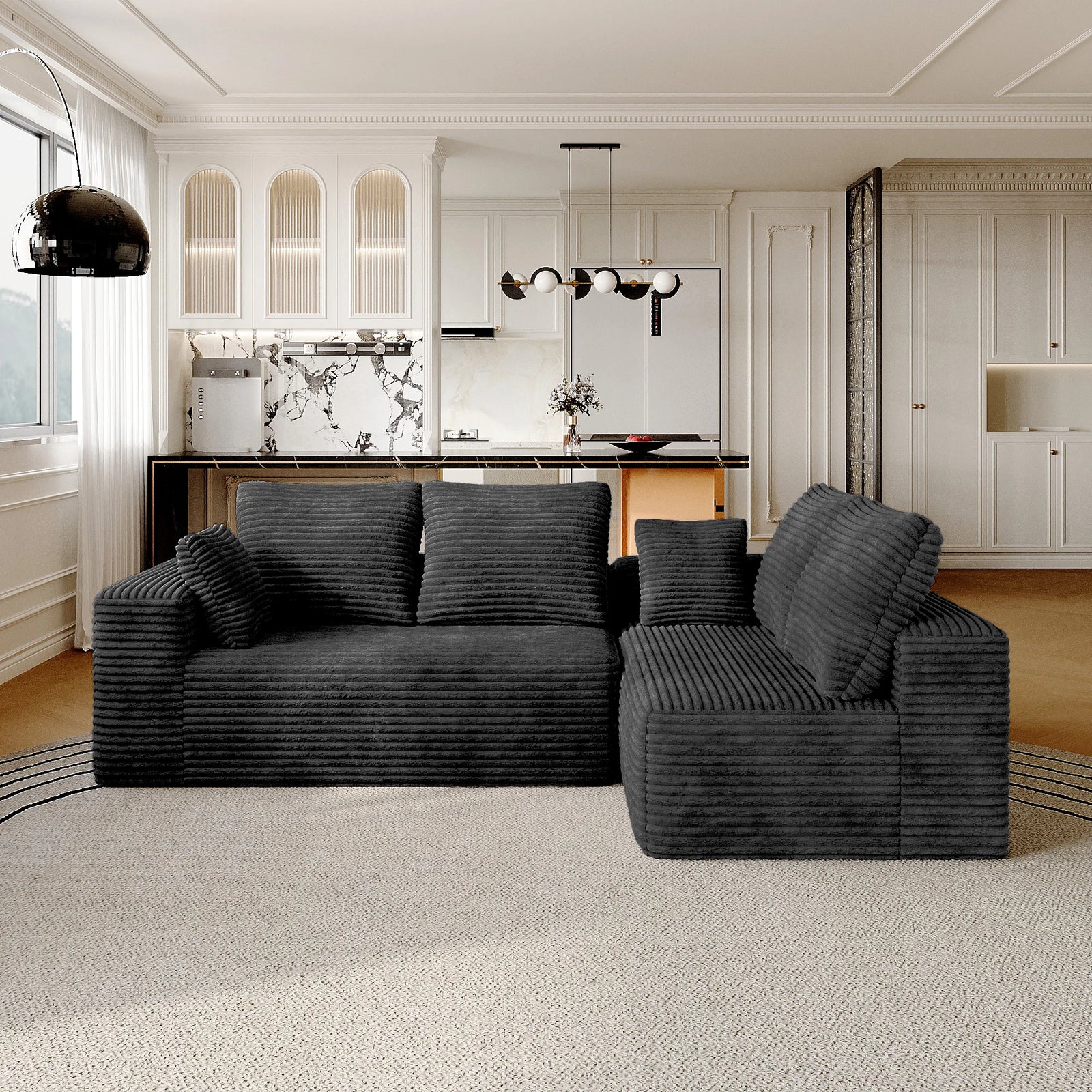 Seccionales modulares Matrix de 4 plazas en forma de L de color negro | 2 piezas, tela de pana, espacios pequeños