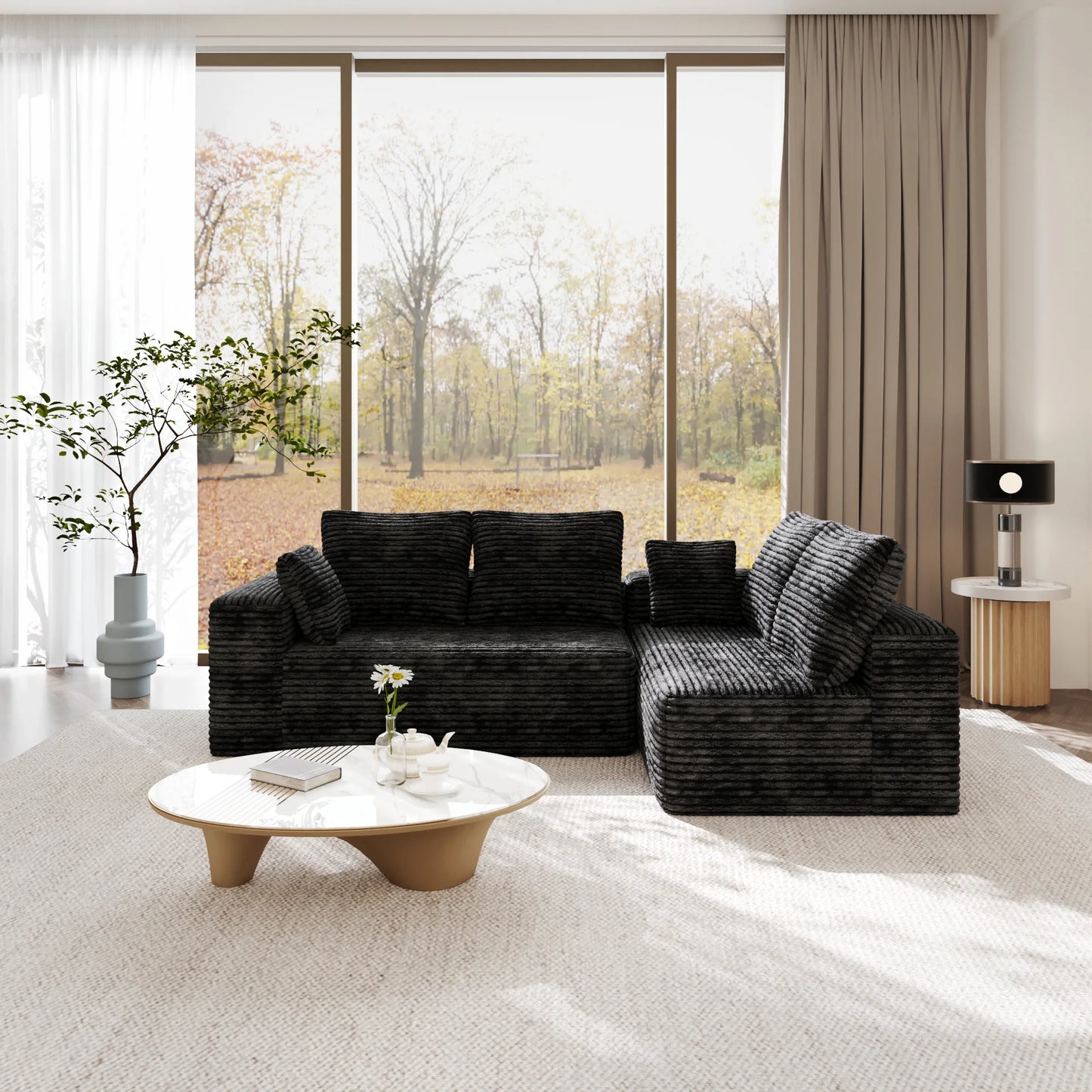 Sofás seccionales Matrix Nook | Sofás seccionales de 2 piezas en forma de L de pana negra de 2 plazas