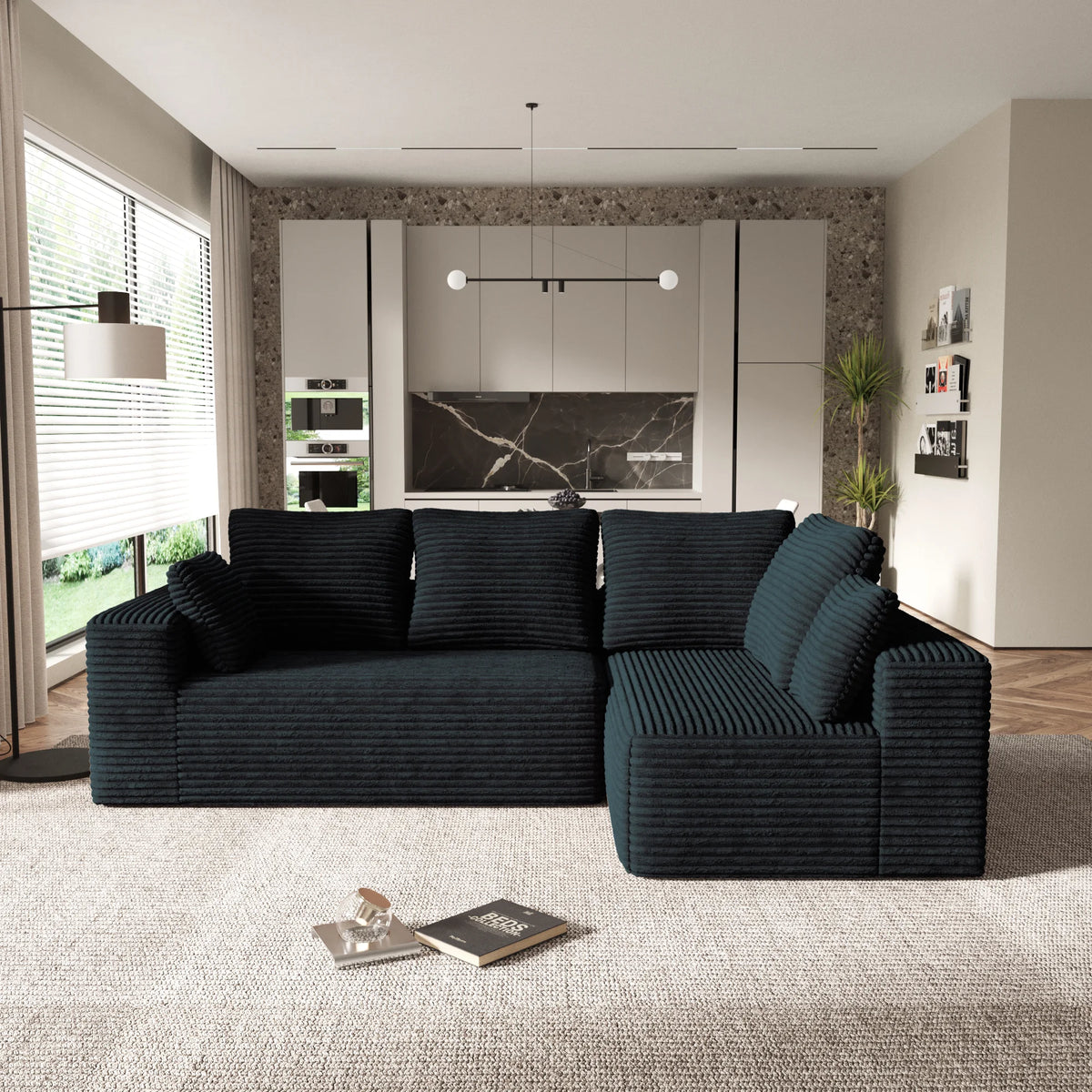 Matrix 4-Seater black Modular L-Shaped Sectionals | 2-Piece, Corduroy Fabric, Small Space
