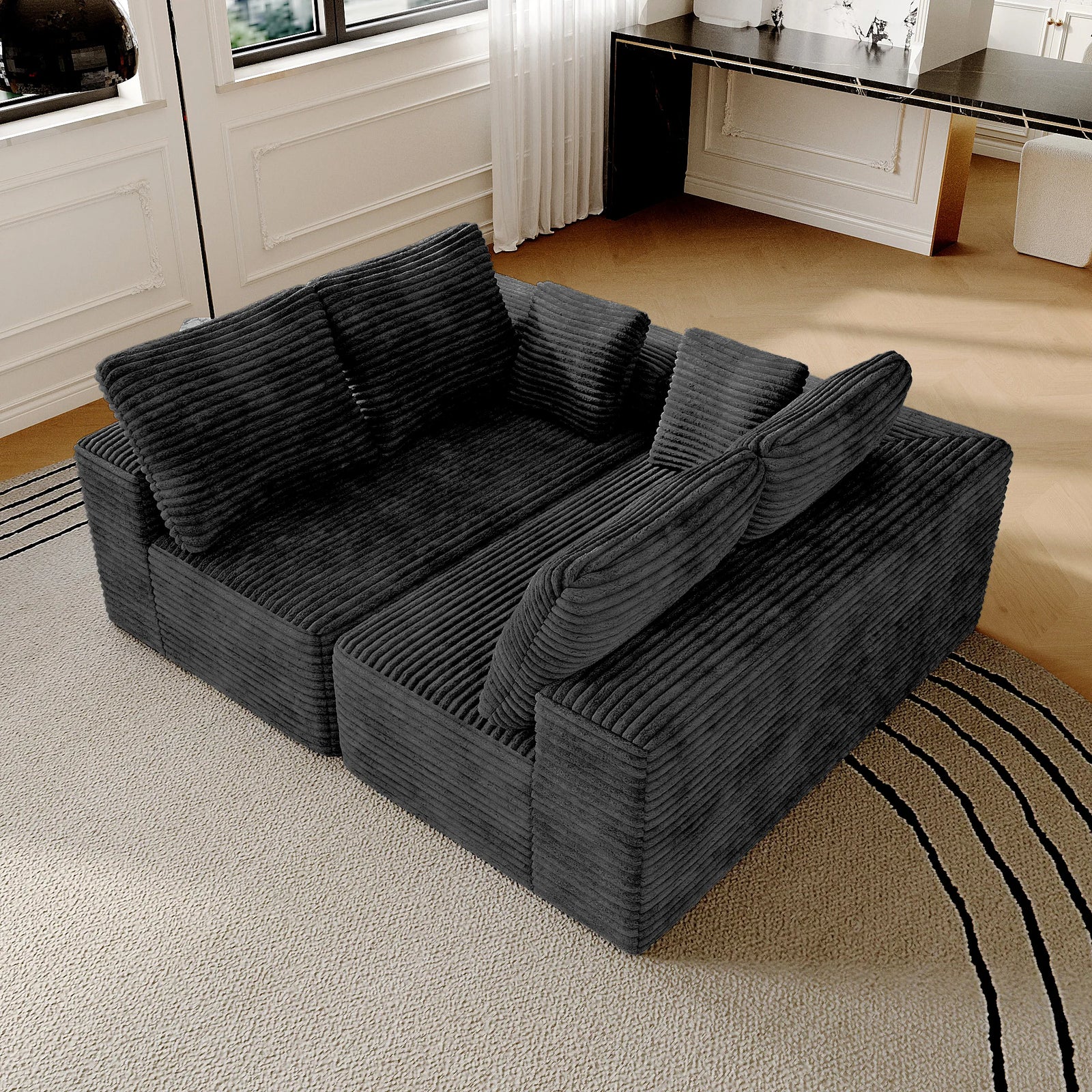 Sofás modulares Matrix negros de 4 plazas | 2 piezas, tela de pana, aptos para apartamentos