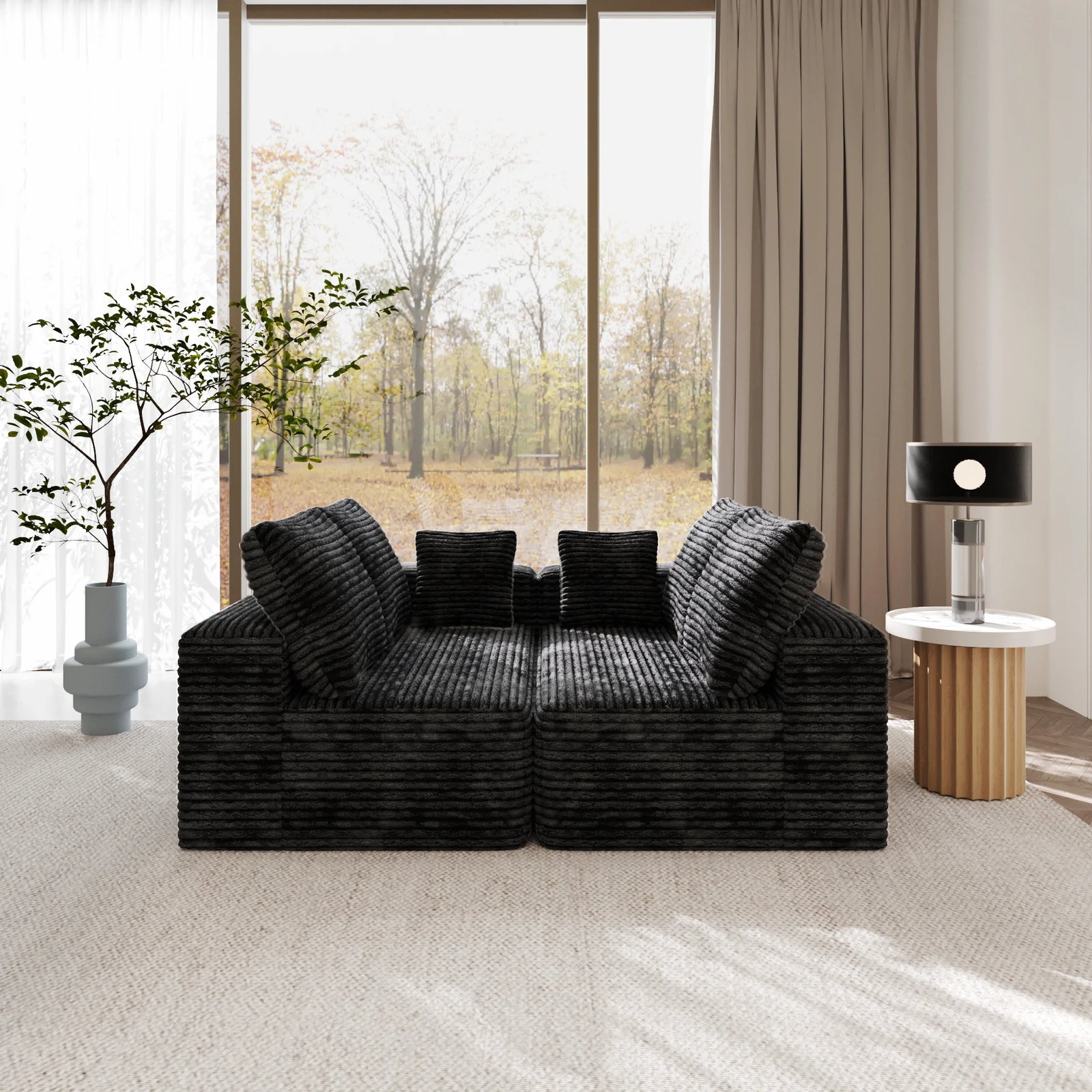 Sofás modulares Matrix negros de 4 plazas | 2 piezas, tela de pana, aptos para apartamentos