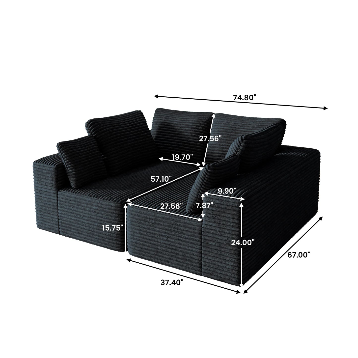Sofás seccionales Matrix Nook | Loveseats de 2 piezas de pana negra de 2 plazas