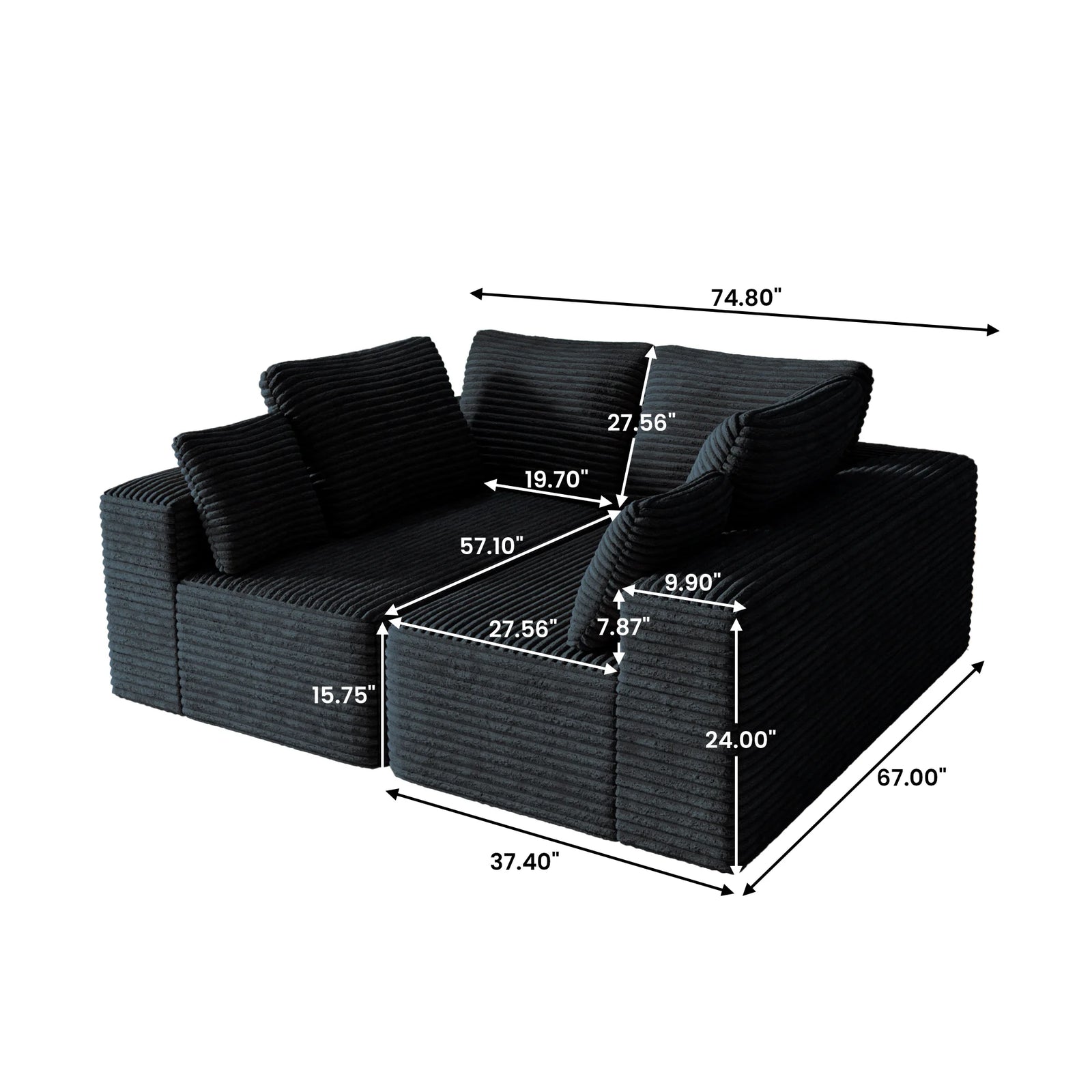 Sofás modulares Matrix negros de 4 plazas | 2 piezas, tela de pana, aptos para apartamentos