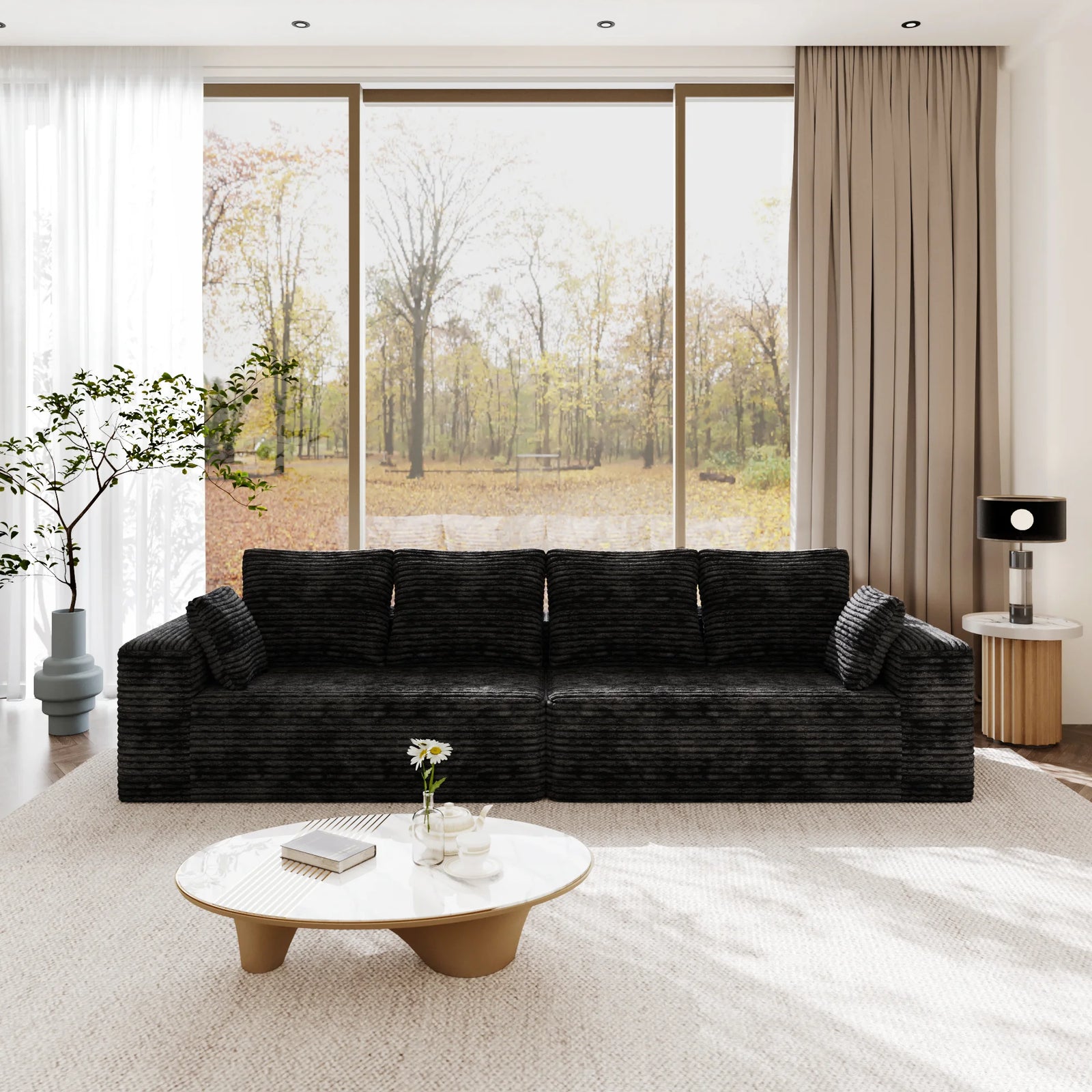 Sofás modulares Matrix negros de 4 plazas | 2 piezas, tela de pana, aptos para apartamentos