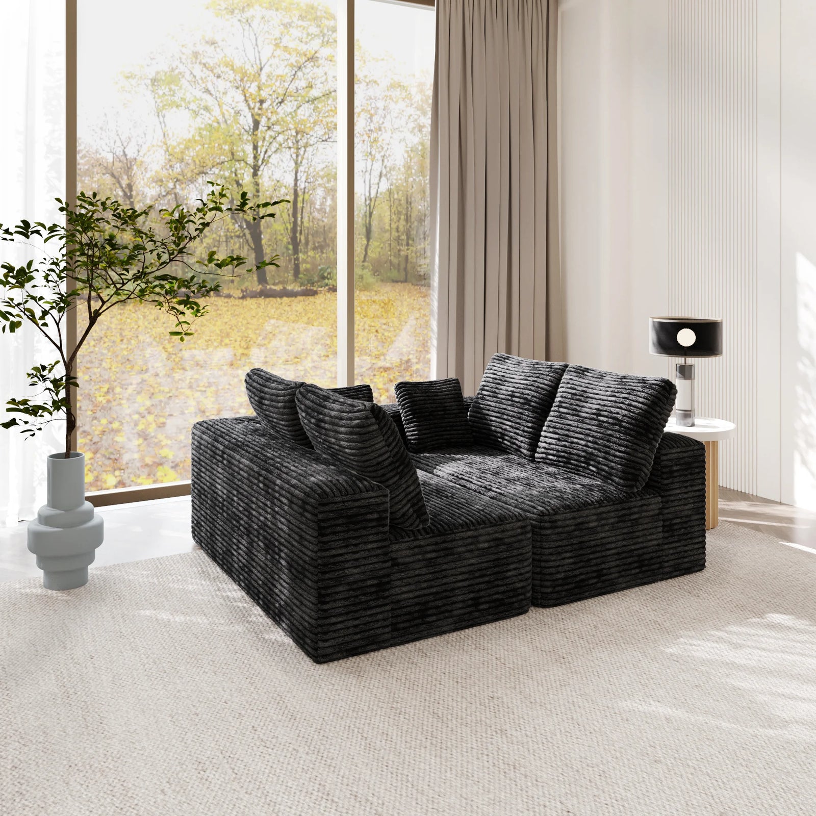 Sofás modulares Matrix negros de 4 plazas | 2 piezas, tela de pana, aptos para apartamentos