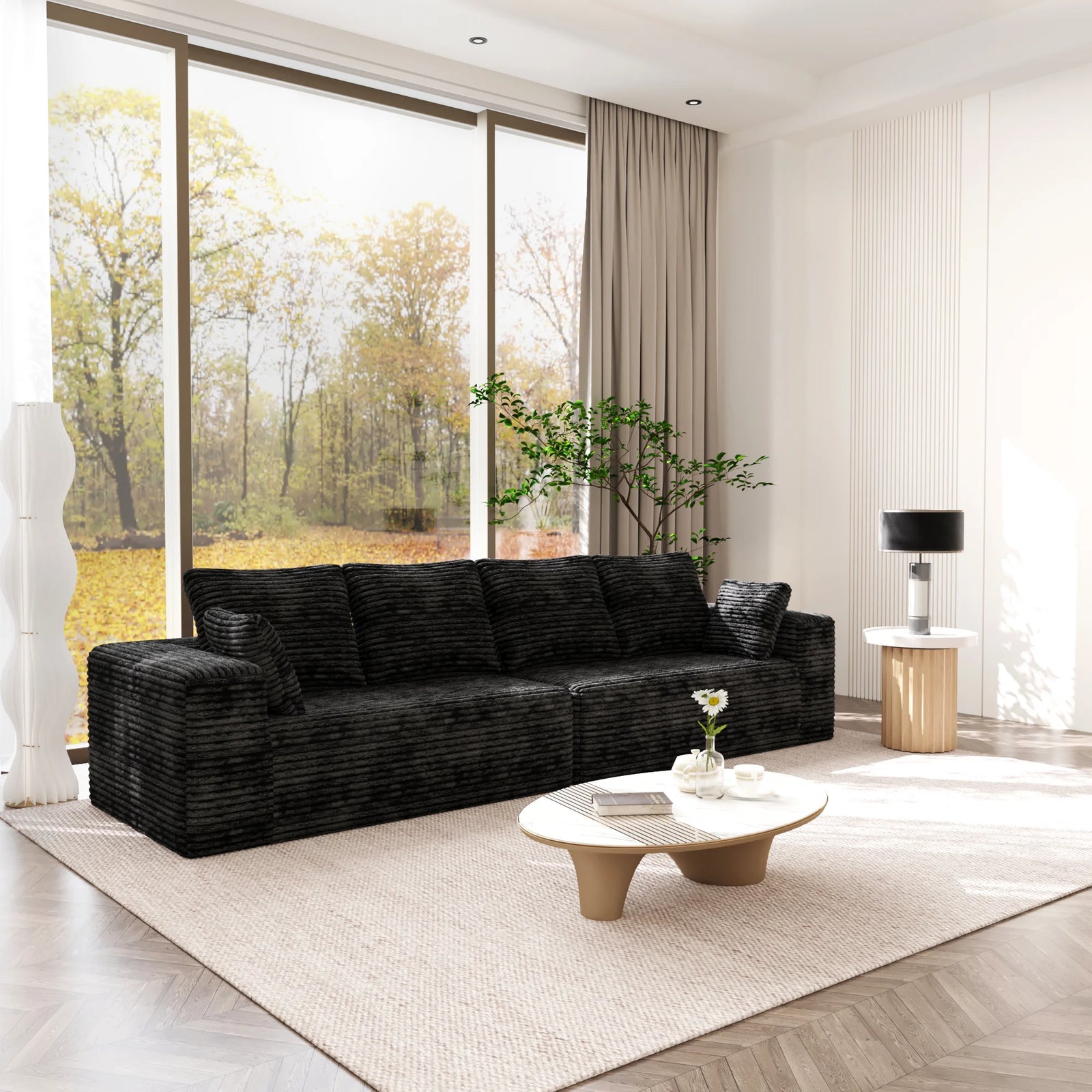 Sofás modulares Matrix negros de 4 plazas | 2 piezas, tela de pana, aptos para apartamentos