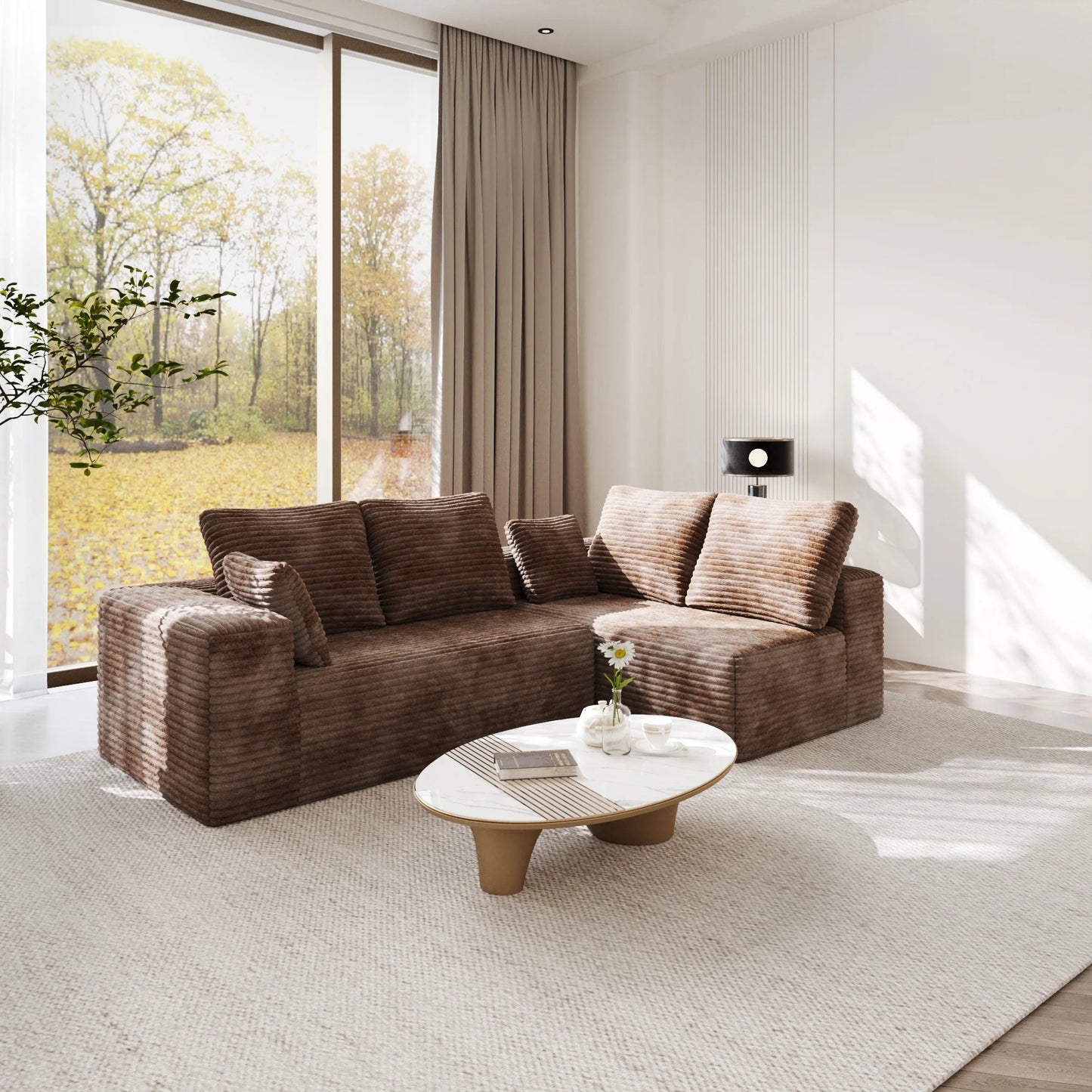 Sofás seccionales Matrix Nook | Sofás seccionales en forma de L de 2 piezas en pana marrón de 2 plazas