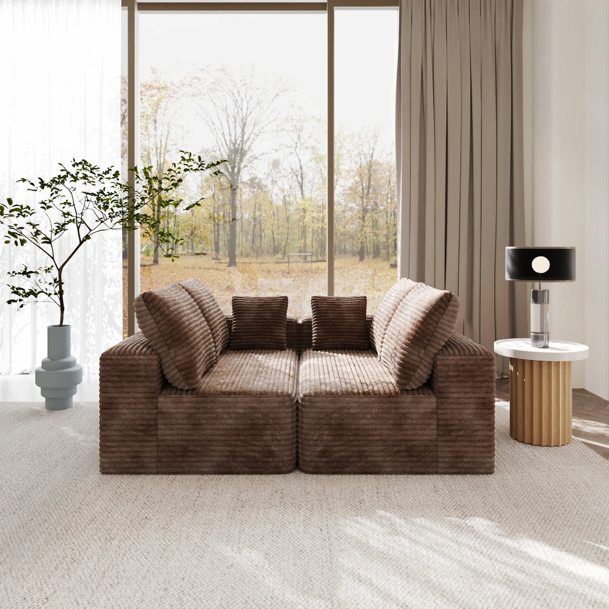 Sofás modulares Matrix de 4 plazas color marrón | 2 piezas, tela de pana, diseño compacto