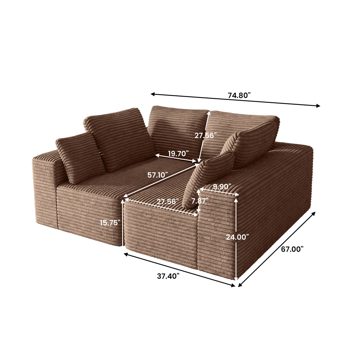 Sofás modulares Matrix de 4 plazas color marrón | 2 piezas, tela de pana, diseño compacto