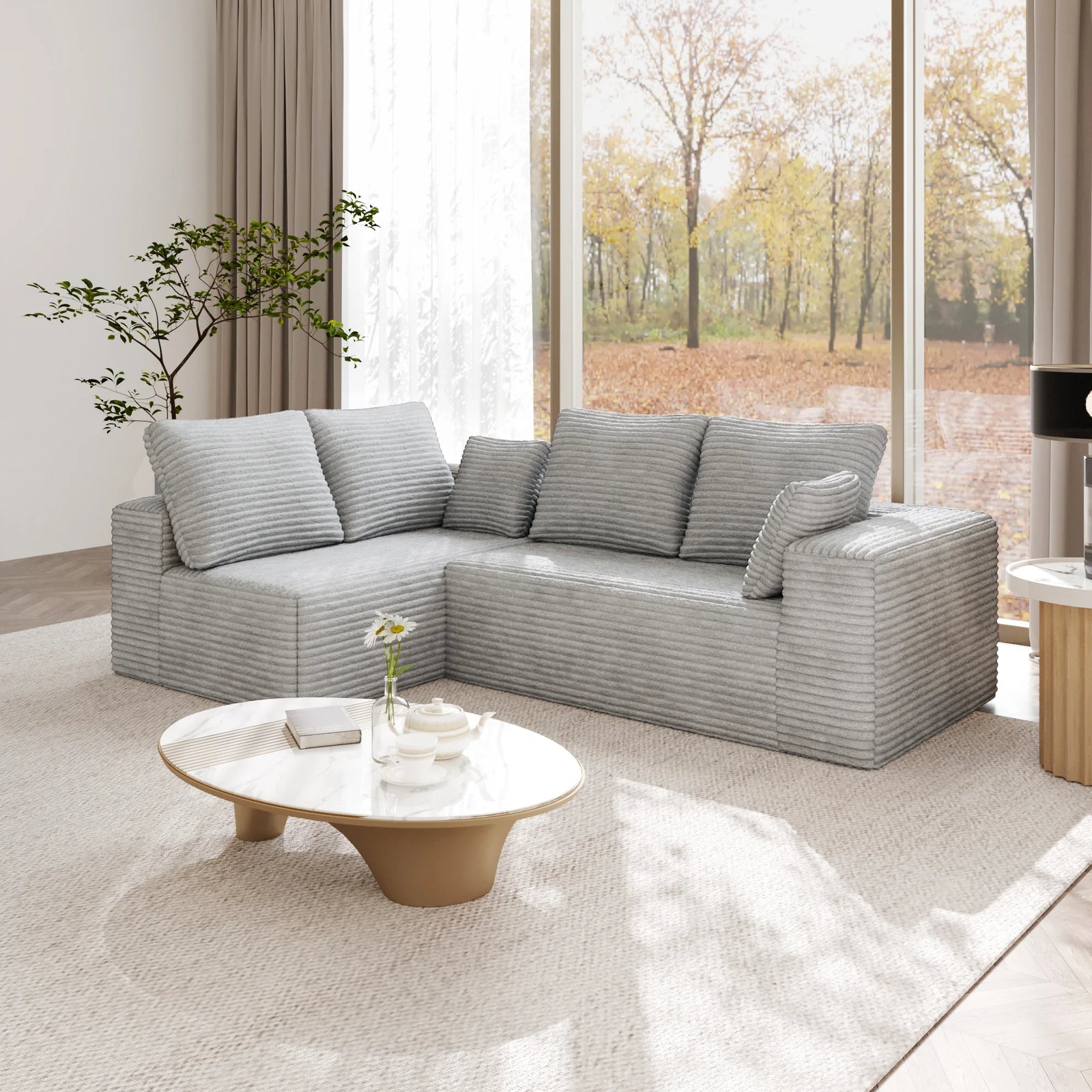 Matrix 4-Seater light-grey Modular L-Shaped Sectionals | 2-Piece, Corduroy Fabric, Apartment Friendly