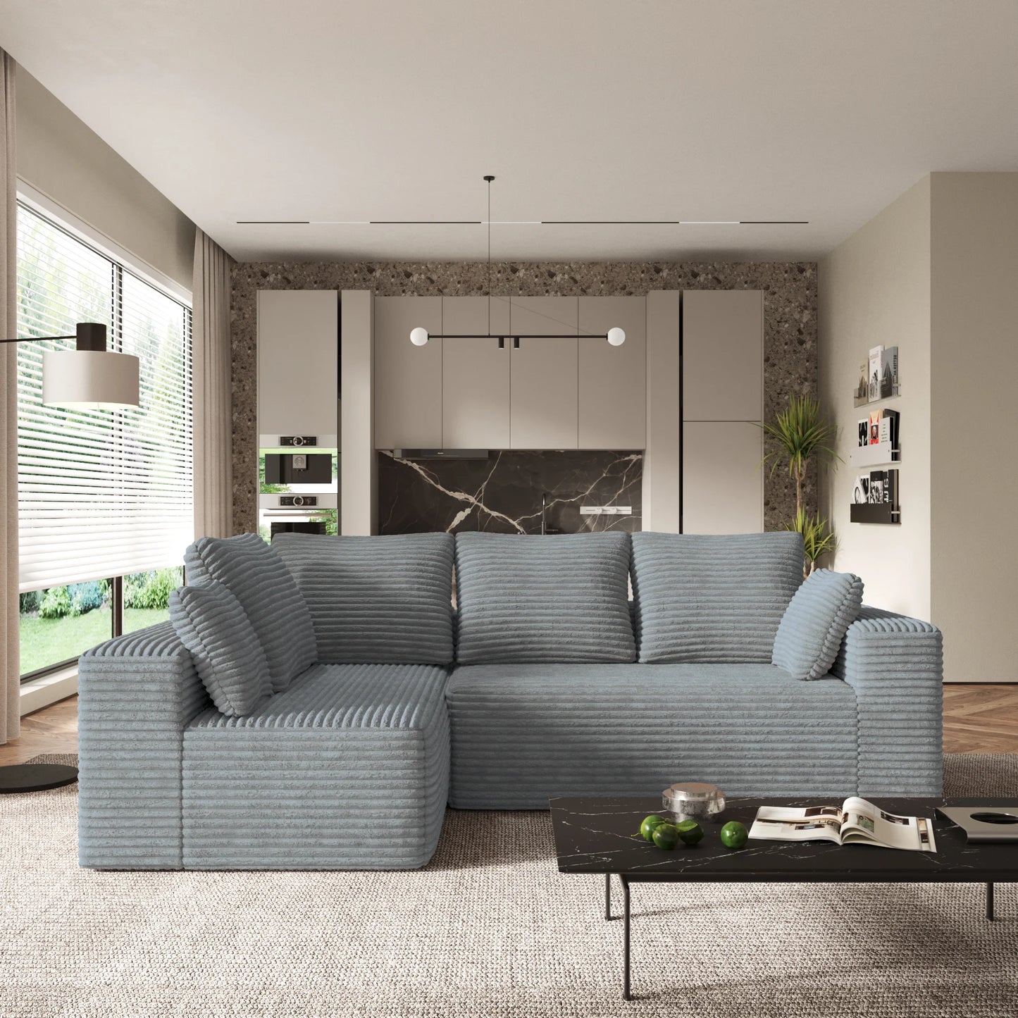 Sofás seccionales Matrix Nook | Sofás seccionales en forma de L de 2 piezas de pana gris claro de 2 plazas