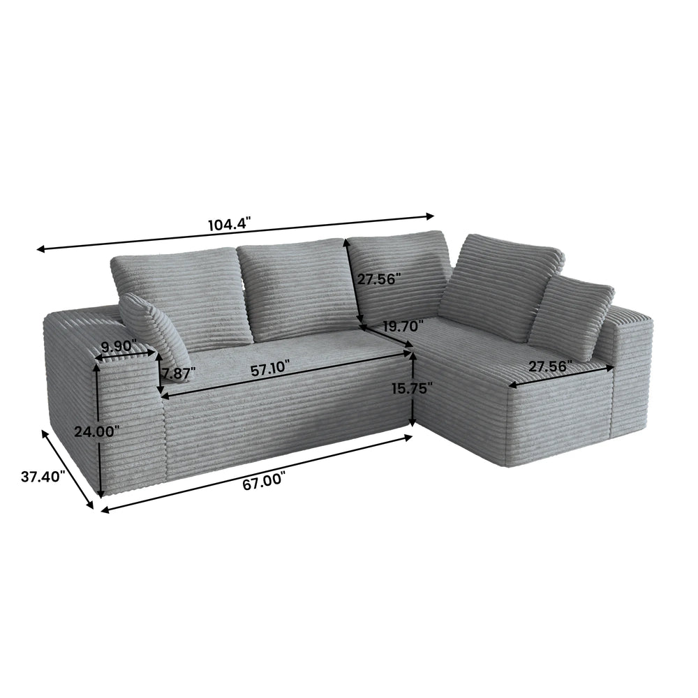 Sofás seccionales Matrix Nook | Sofás seccionales en forma de L de 2 piezas de pana gris claro de 2 plazas