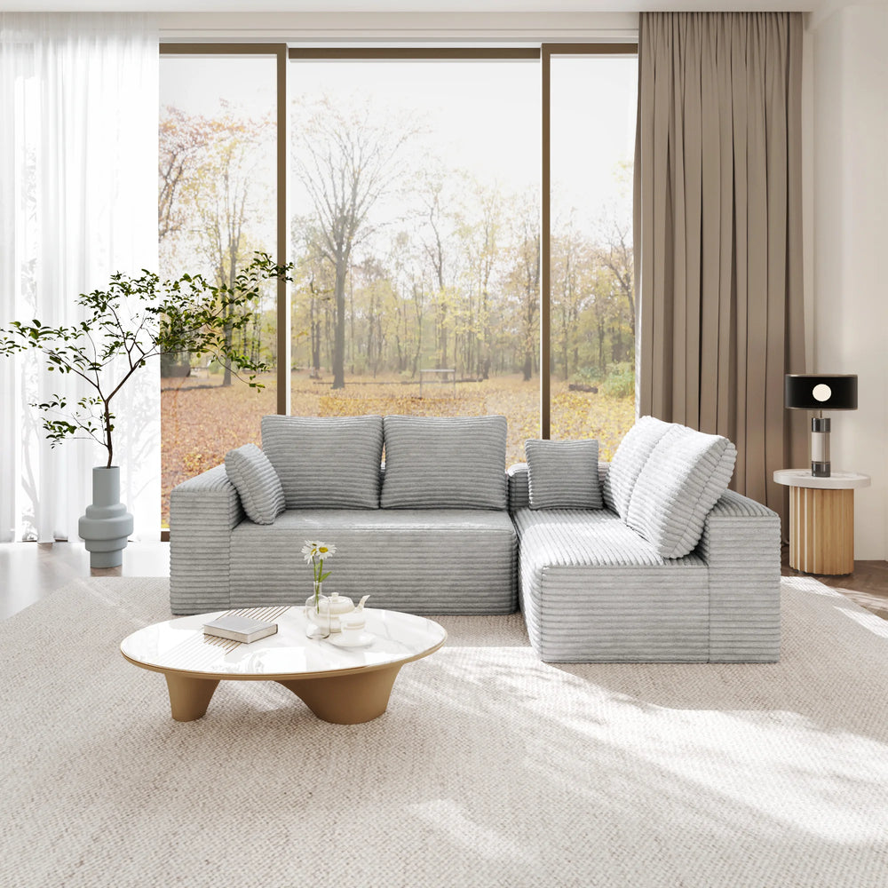 Sofás seccionales Matrix Nook | Sofás seccionales en forma de L de 2 piezas de pana gris claro de 2 plazas