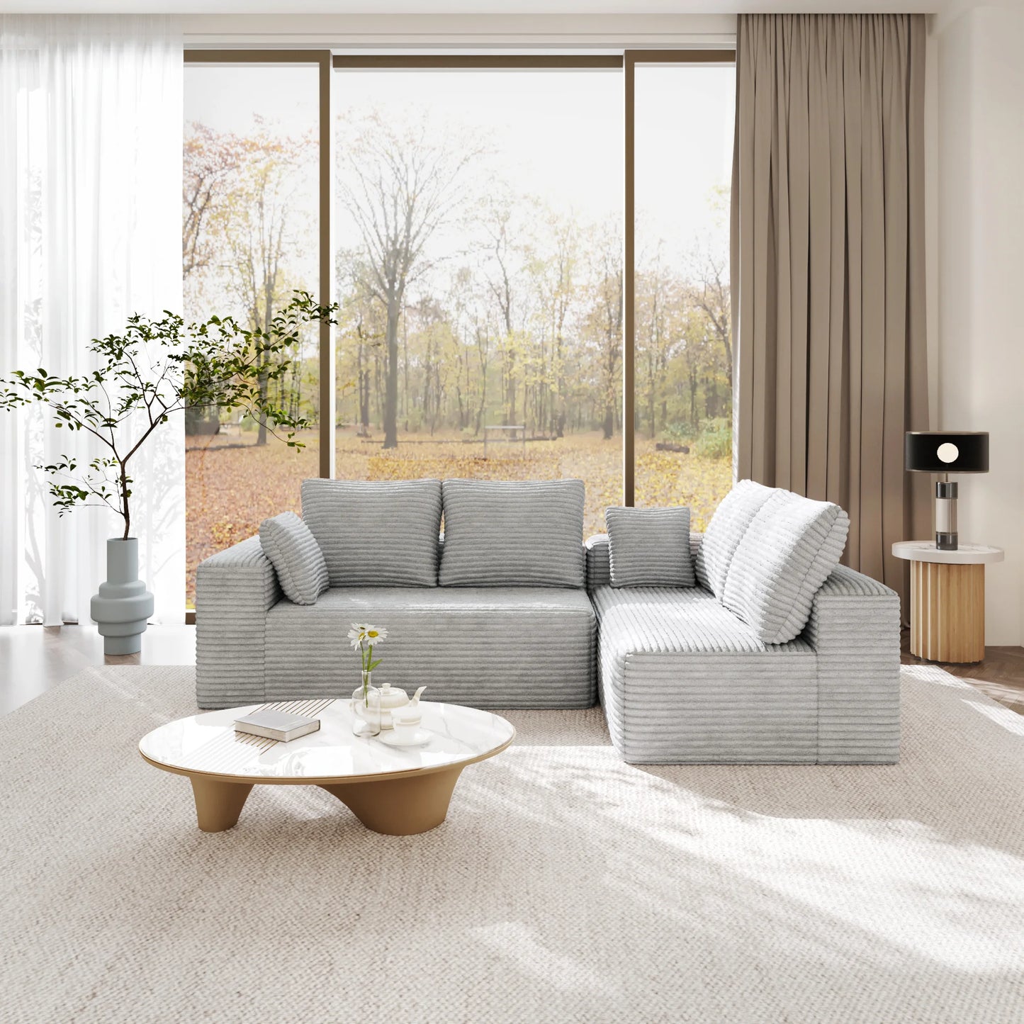 Sofás seccionales Matrix Nook | Sofás seccionales en forma de L de 2 piezas de pana gris claro de 2 plazas