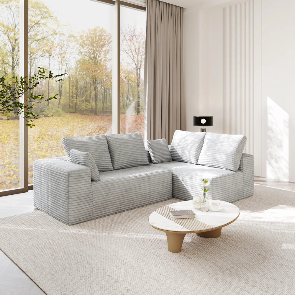 Sofás seccionales Matrix Nook | Sofás seccionales en forma de L de 2 piezas de pana gris claro de 2 plazas