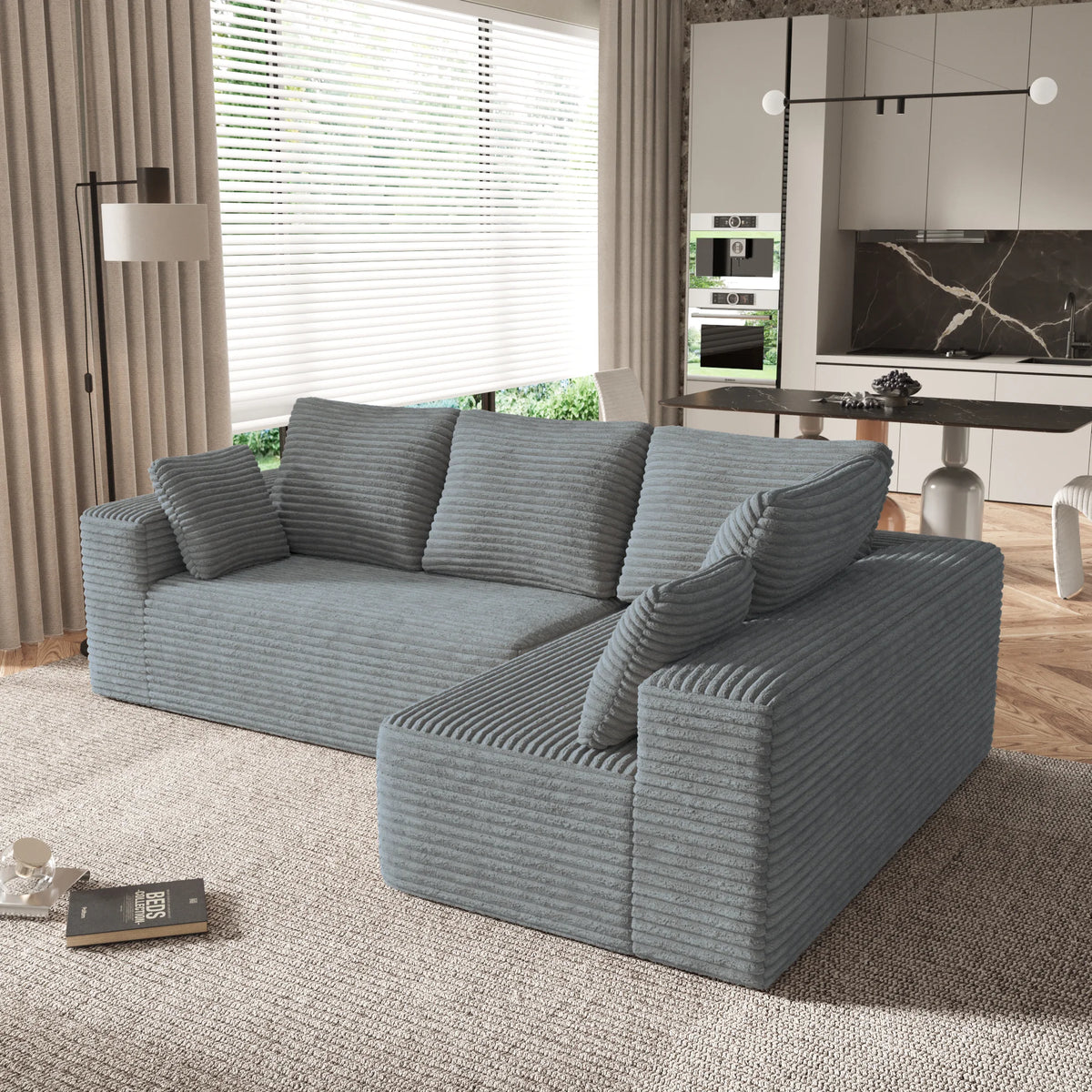Seccionales modulares Matrix de 4 asientos, en forma de L, gris claro | 2 piezas, tela de pana, diseño compacto