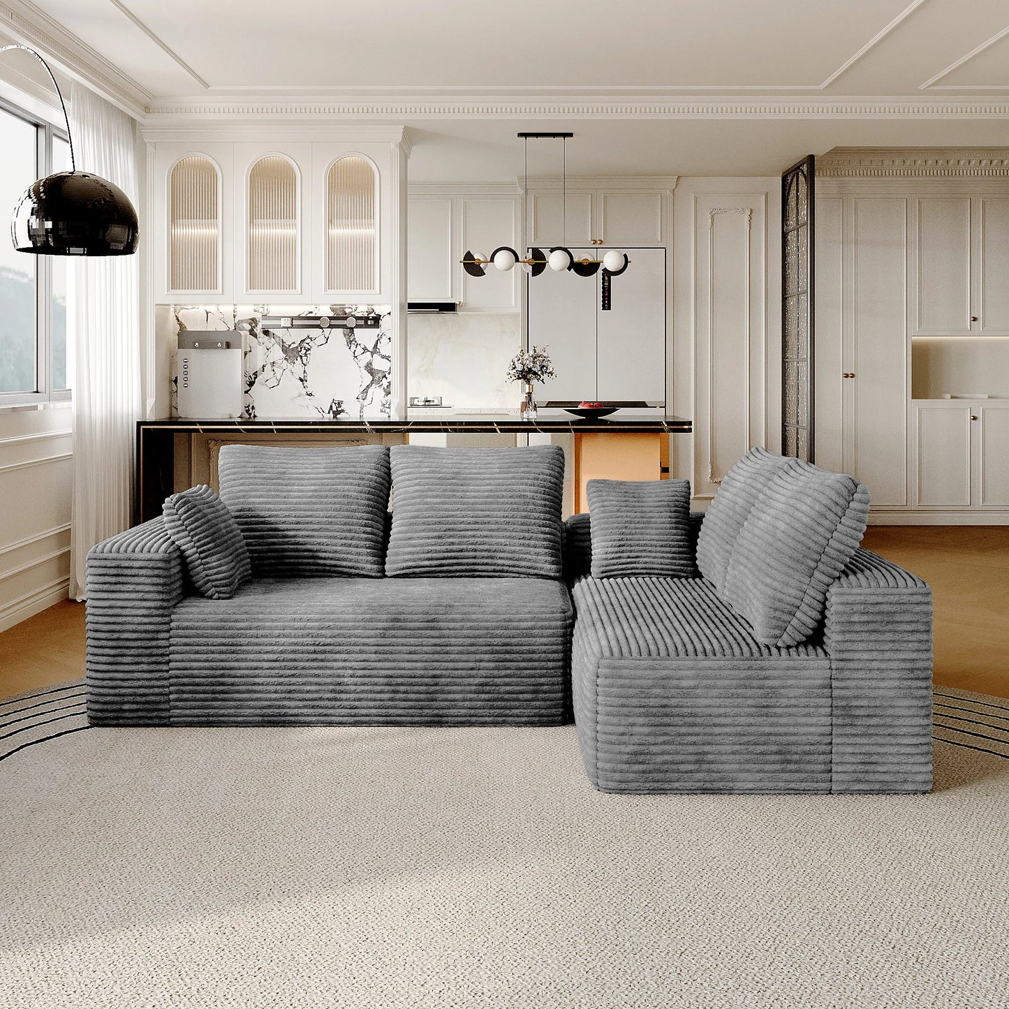 Sofás seccionales Matrix Nook | Sofás seccionales en forma de L de 2 piezas de pana gris claro de 2 plazas