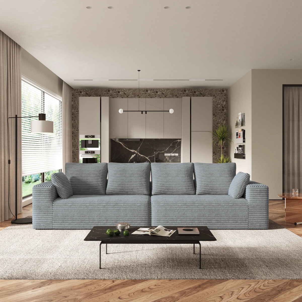 Sofás modulares Matrix de 4 plazas, gris claro | 2 piezas, tela de pana, para espacios pequeños