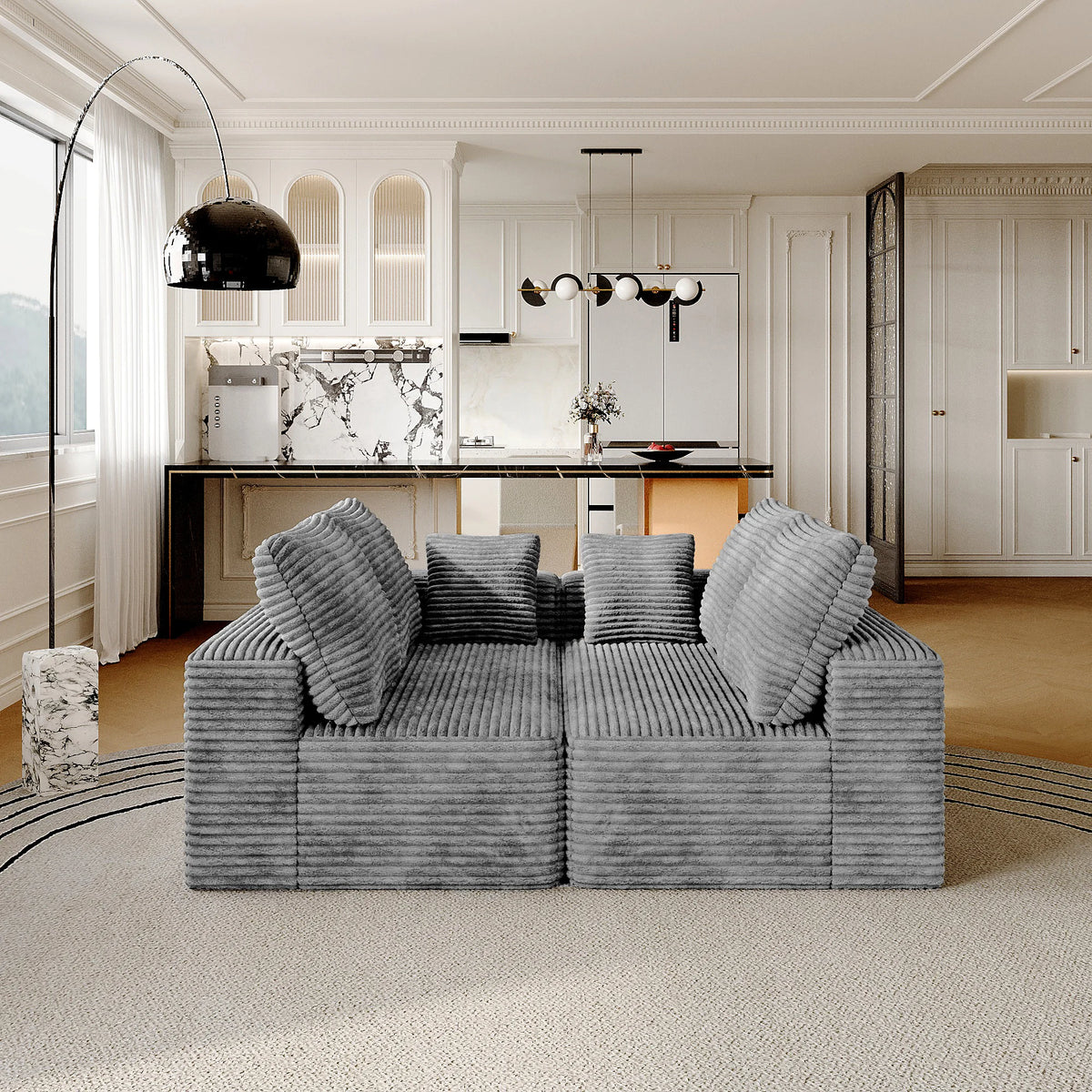 Sofás modulares Matrix de 4 plazas, gris claro | 2 piezas, tela de pana, para espacios pequeños