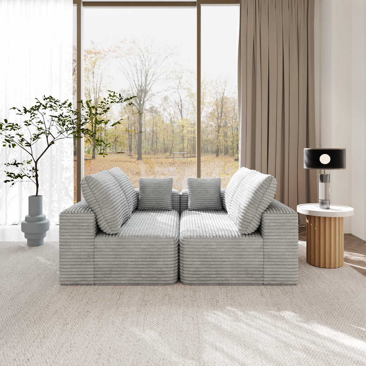 Sofás modulares Matrix de 4 plazas, gris claro | 2 piezas, tela de pana, para espacios pequeños