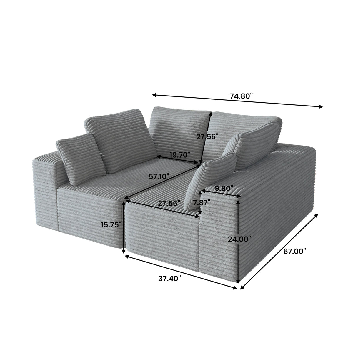 Sofás modulares Matrix de 4 plazas, gris claro | 2 piezas, tela de pana, para espacios pequeños