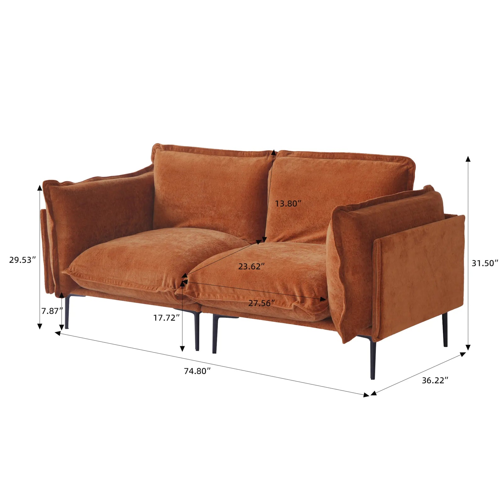 Sofá modular de dos plazas Deluxe Cloud color naranja | 2 piezas, tela de terciopelo, diseño compacto