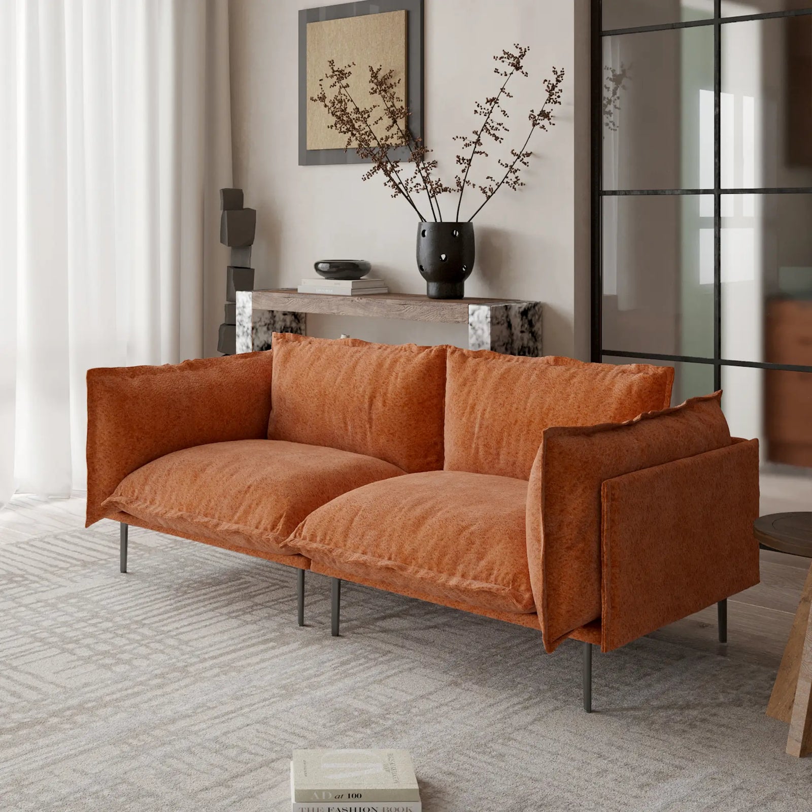 Sofá modular de dos plazas Deluxe Cloud color naranja | 2 piezas, tela de terciopelo, diseño compacto