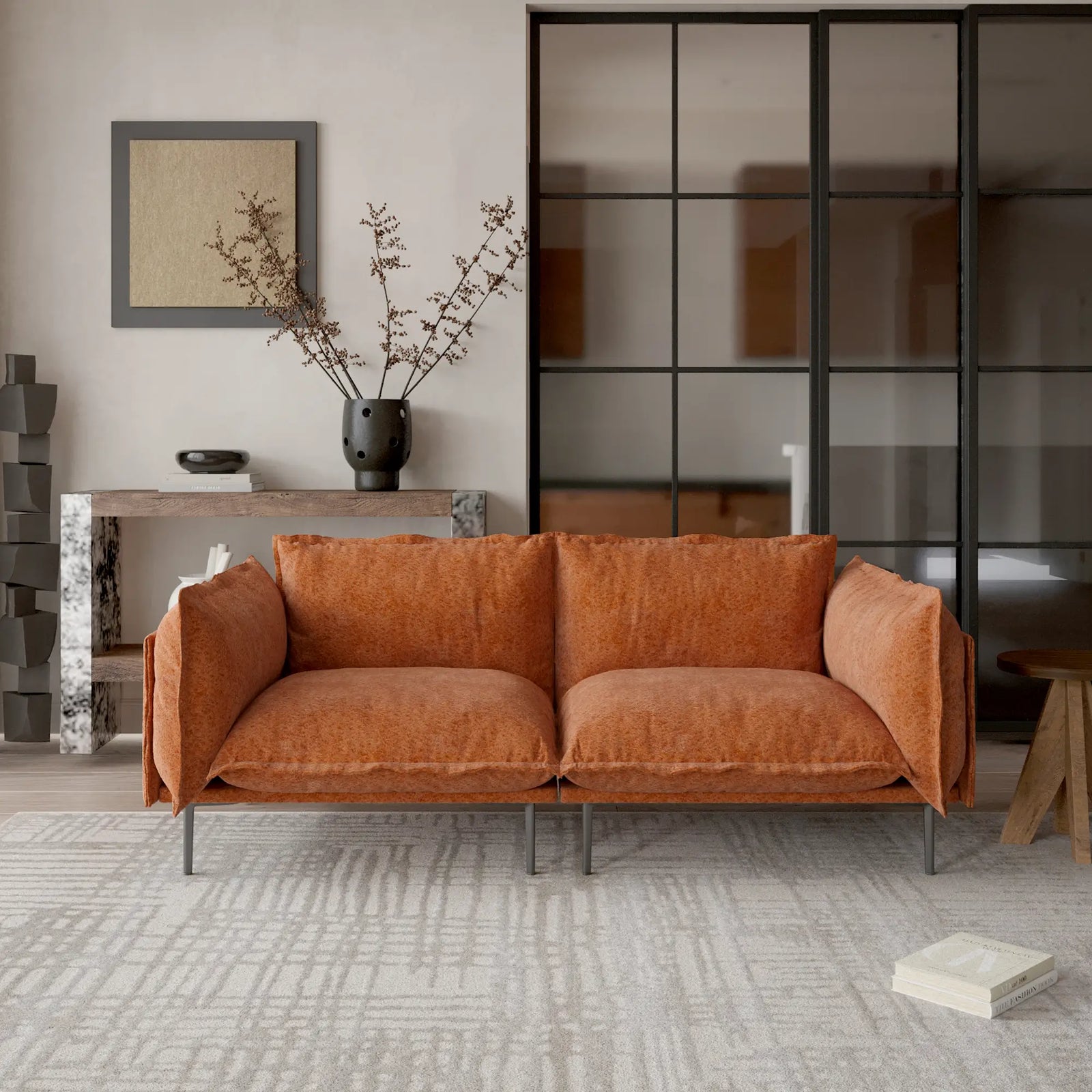 Sofá modular de dos plazas Deluxe Cloud color naranja | 2 piezas, tela de terciopelo, diseño compacto
