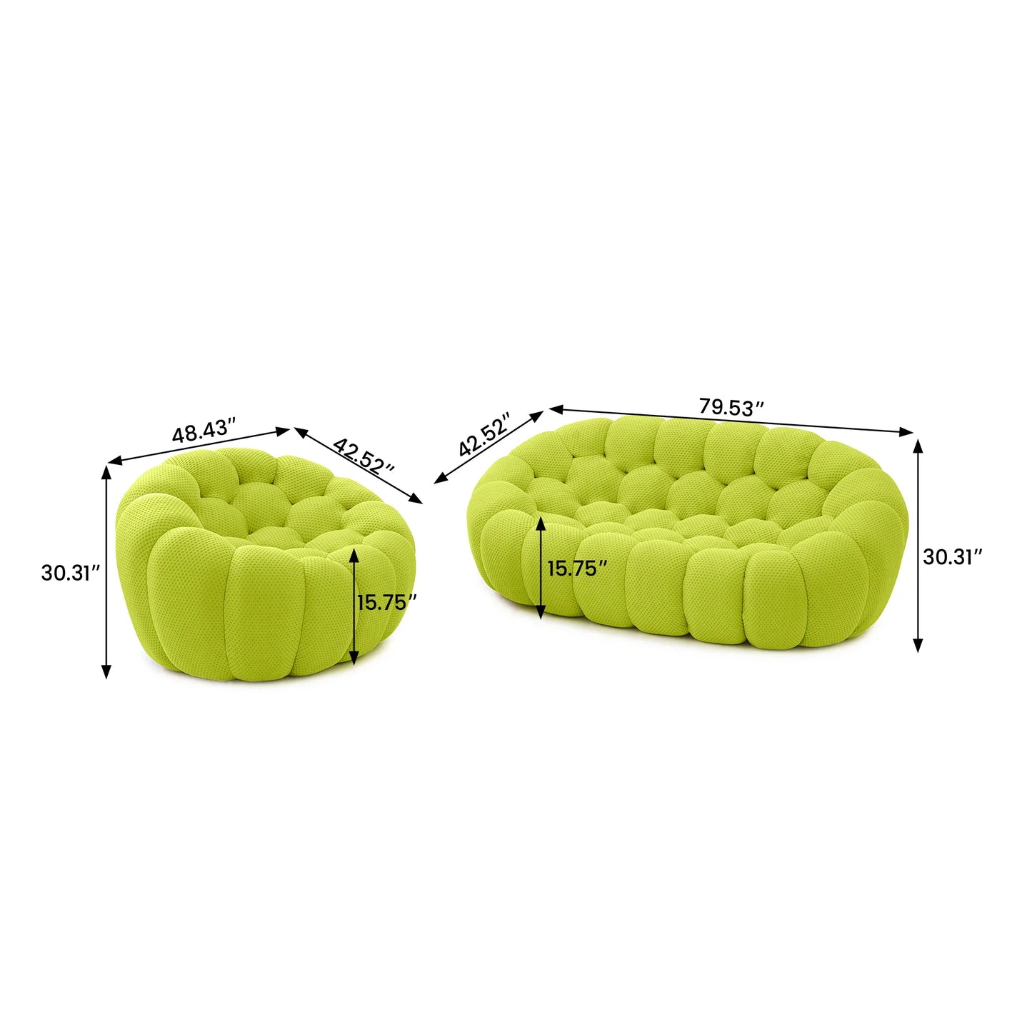 Essential Armless Floor Sofas | 2-Piece 3D Knitted Fabric Lime Green L-Shaped Sectionals 3-Seater