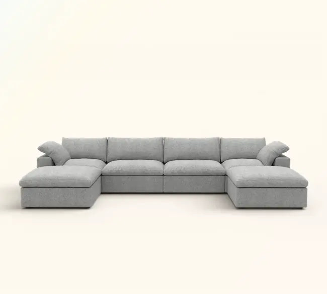 Deluxe Cloud 4-Seater Light-Grey Storage U-Shaped Sectional | 6-Piece (includes 2 Ottomans), Cotton and Linen Fabric, Washable Covers