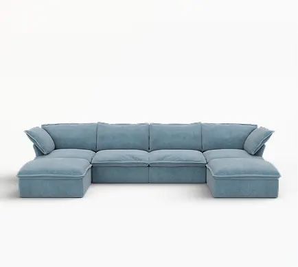 Sofá seccional de lujo color azul claro nube de 4 plazas con forma de U y almacenamiento | 6 piezas (incluye 2 otomanas), tela de terciopelo, fundas lavables