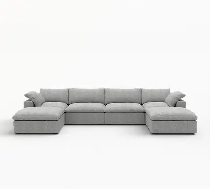 Sofá seccional en forma de U Deluxe Cloud de 4 plazas, color gris claro con almacenamiento | Juego de 6 piezas (incluye 2 otomanas), tejido de algodón y lino, fundas lavables