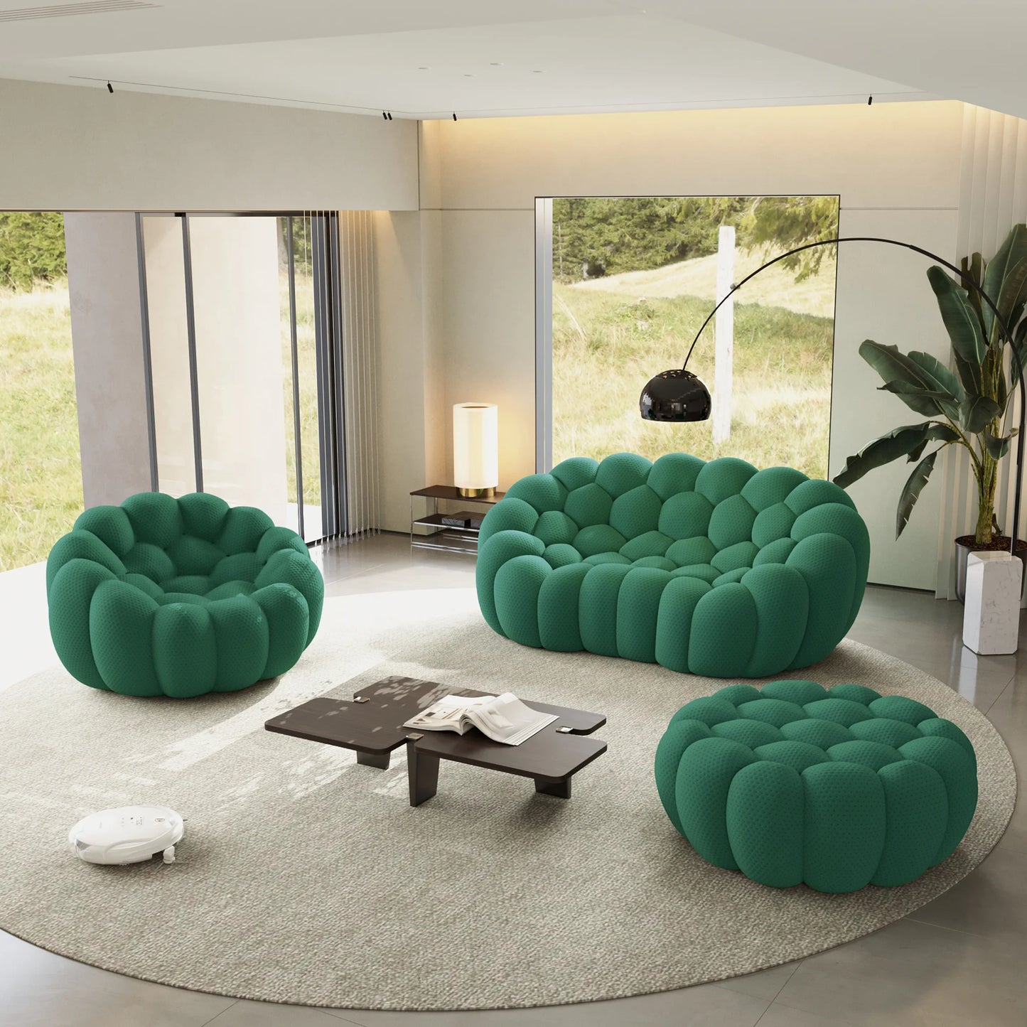 Sofás Essential Arc Boneless | Conjunto de sofás de 3 piezas de tejido de punto 3D verde, 3 plazas y 1 otomana