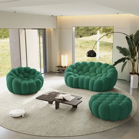 Sofás Essential Arc Boneless | Conjunto de sofás de 3 piezas de tejido de punto 3D verde, 3 plazas y 1 otomana