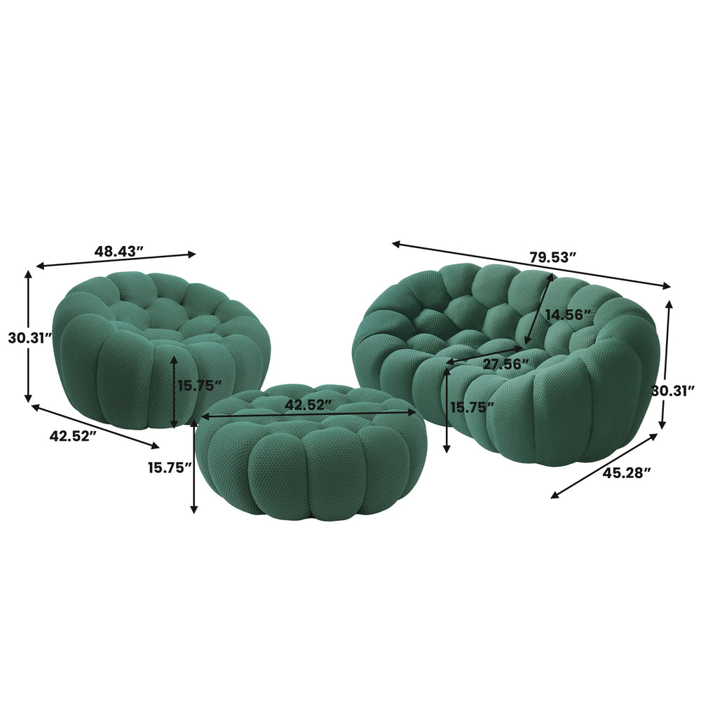 Sofás Essential Arc Boneless | Conjunto de sofás de 3 piezas de tejido de punto 3D verde, 3 plazas y 1 otomana