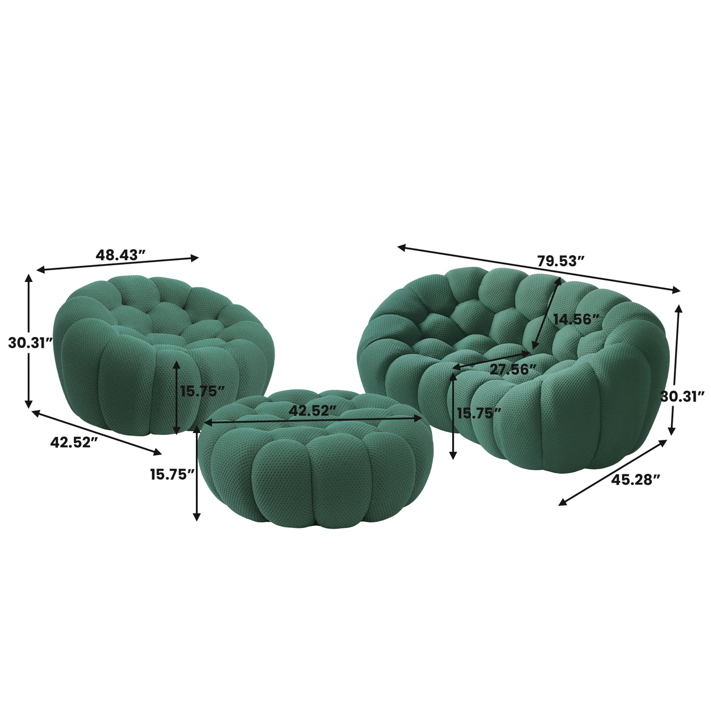 Sofás Essential Arc Boneless | Conjunto de sofás de 3 piezas de tejido de punto 3D verde, 3 plazas y 1 otomana