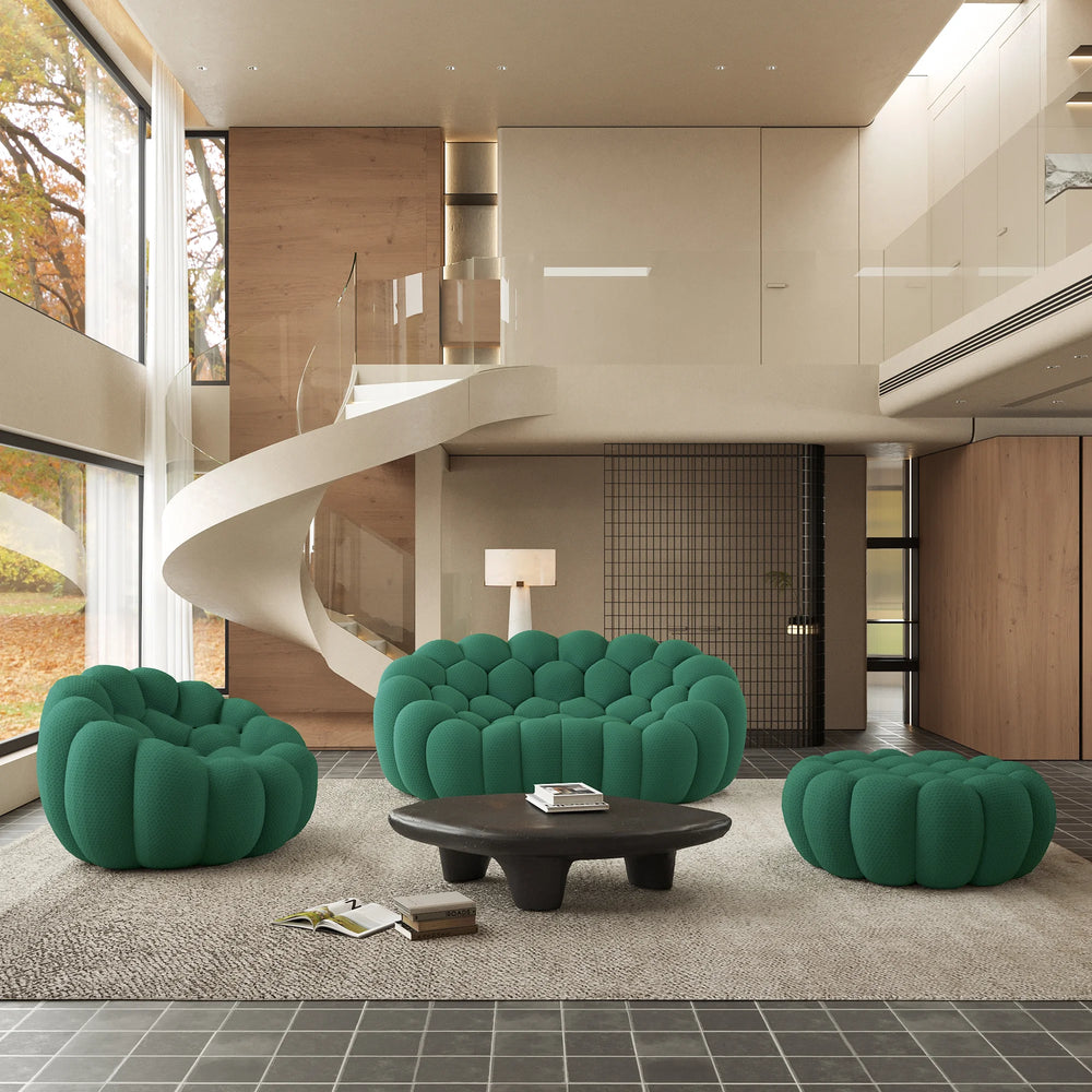 Sofás Essential Arc Boneless | Conjunto de sofás de 3 piezas de tejido de punto 3D verde, 3 plazas y 1 otomana