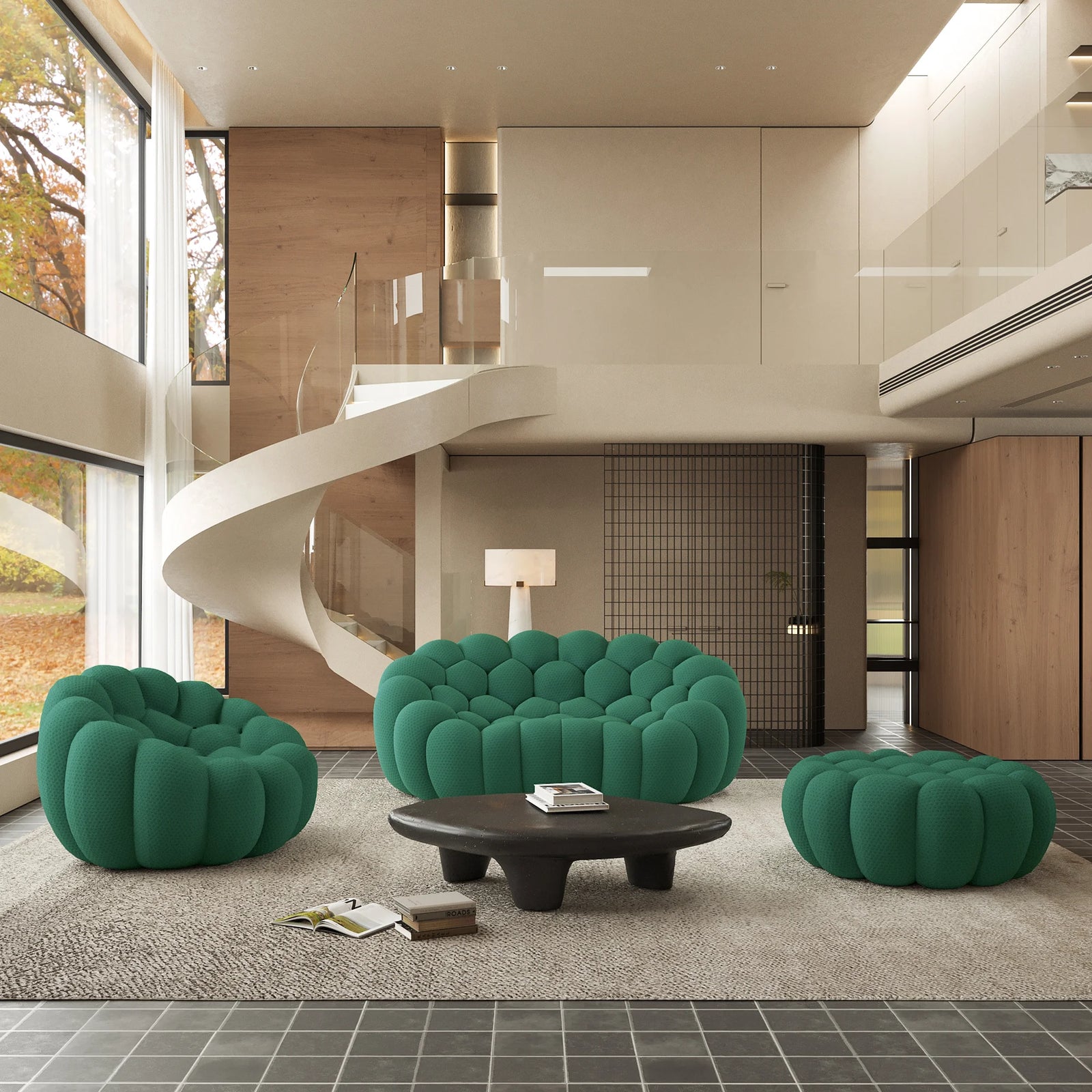 Essential 3-Seater green 3D-Knitted Fabric Sofa Sets | 3-Piece (includes 1 Ottoman), 3D-Knitted Fabric, Large Space