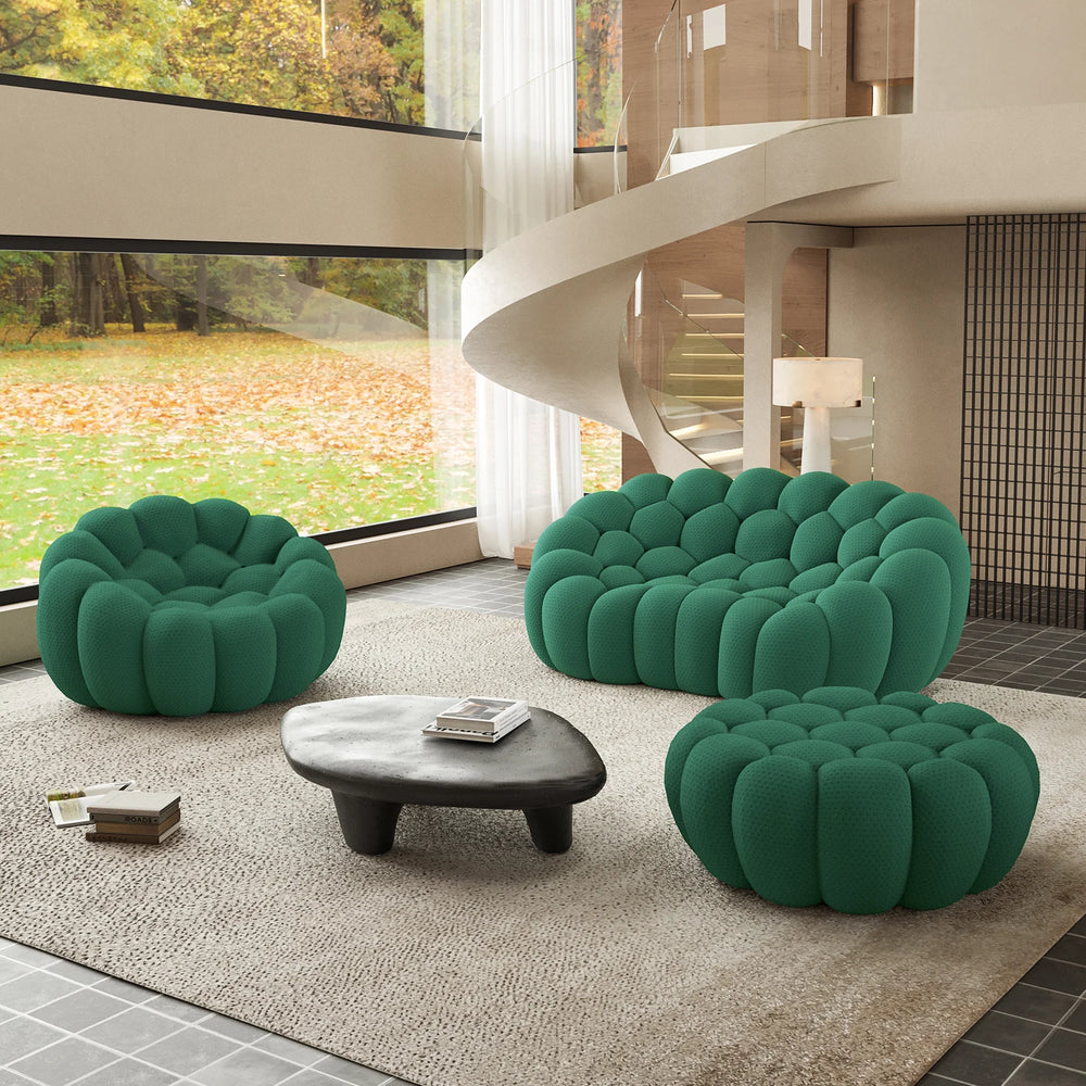 Sofás Essential Arc Boneless | Conjunto de sofás de 3 piezas de tejido de punto 3D verde, 3 plazas y 1 otomana