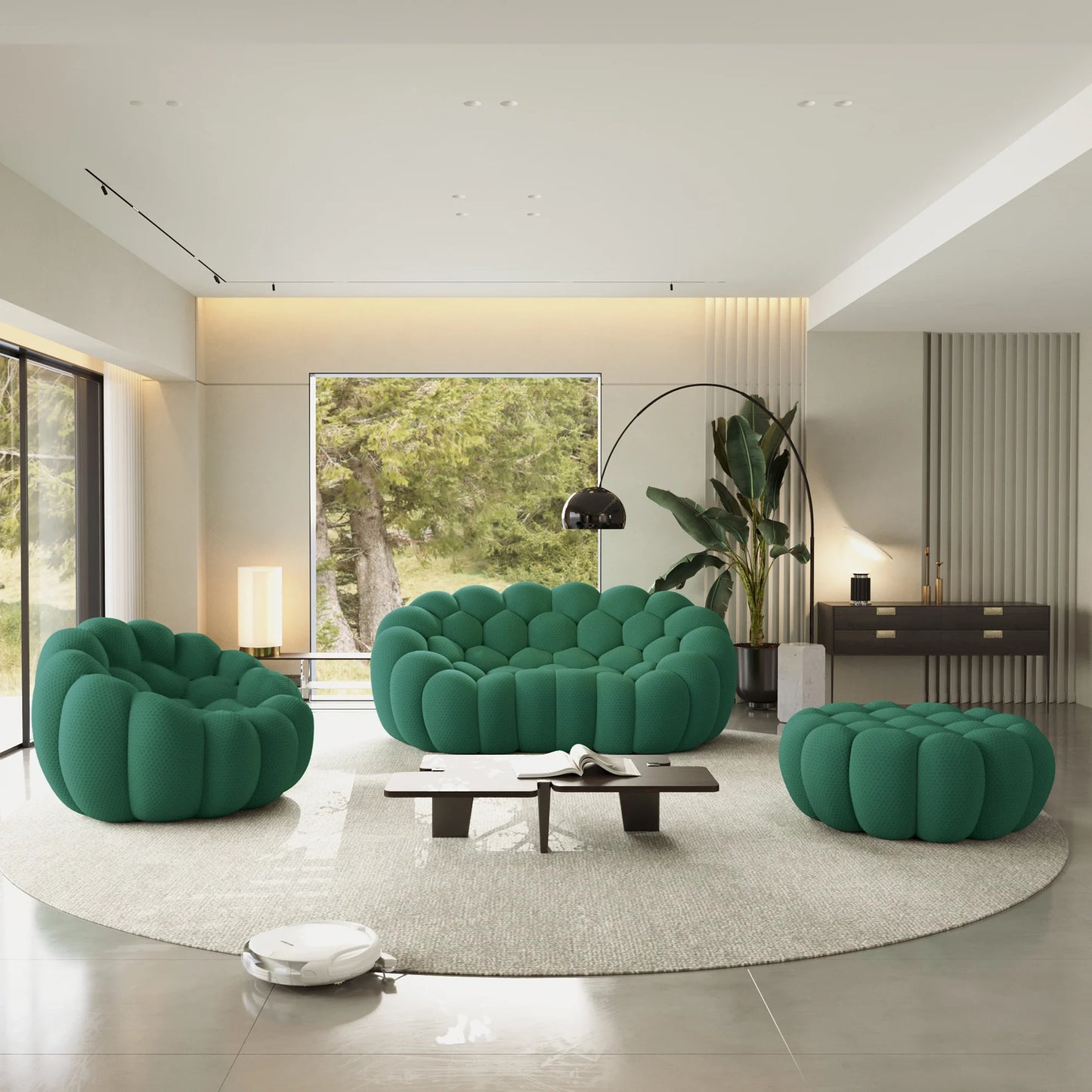 Sofás Essential Arc Boneless | Conjunto de sofás de 3 piezas de tejido de punto 3D verde, 3 plazas y 1 otomana