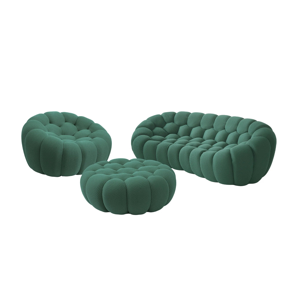 Sofás Essential Arc Boneless | Conjunto de sofás de 3 piezas de tejido de punto 3D verde, 4 plazas y 1 otomana