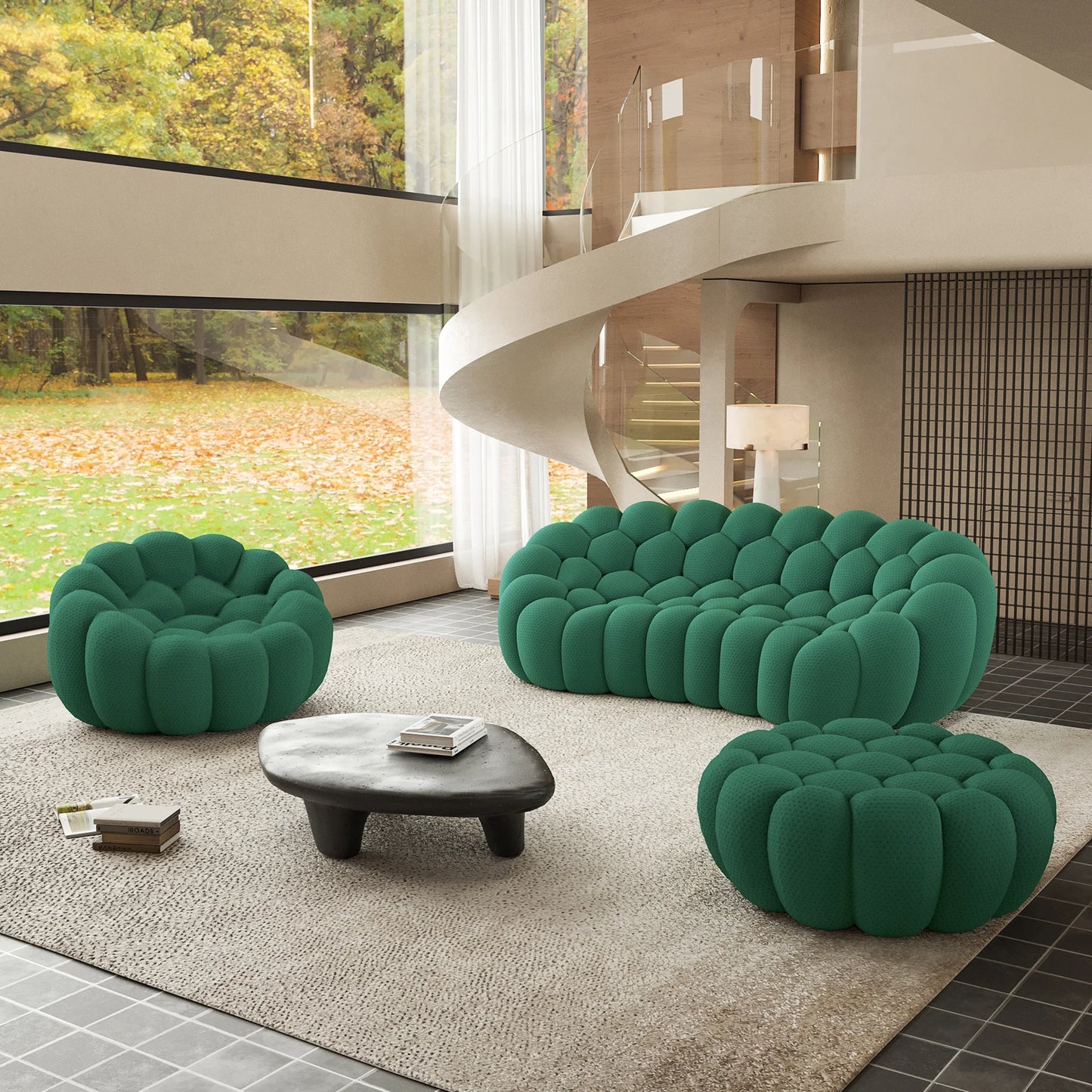 Sofás Essential Arc Boneless | Conjunto de sofás de 3 piezas de tejido de punto 3D verde, 4 plazas y 1 otomana